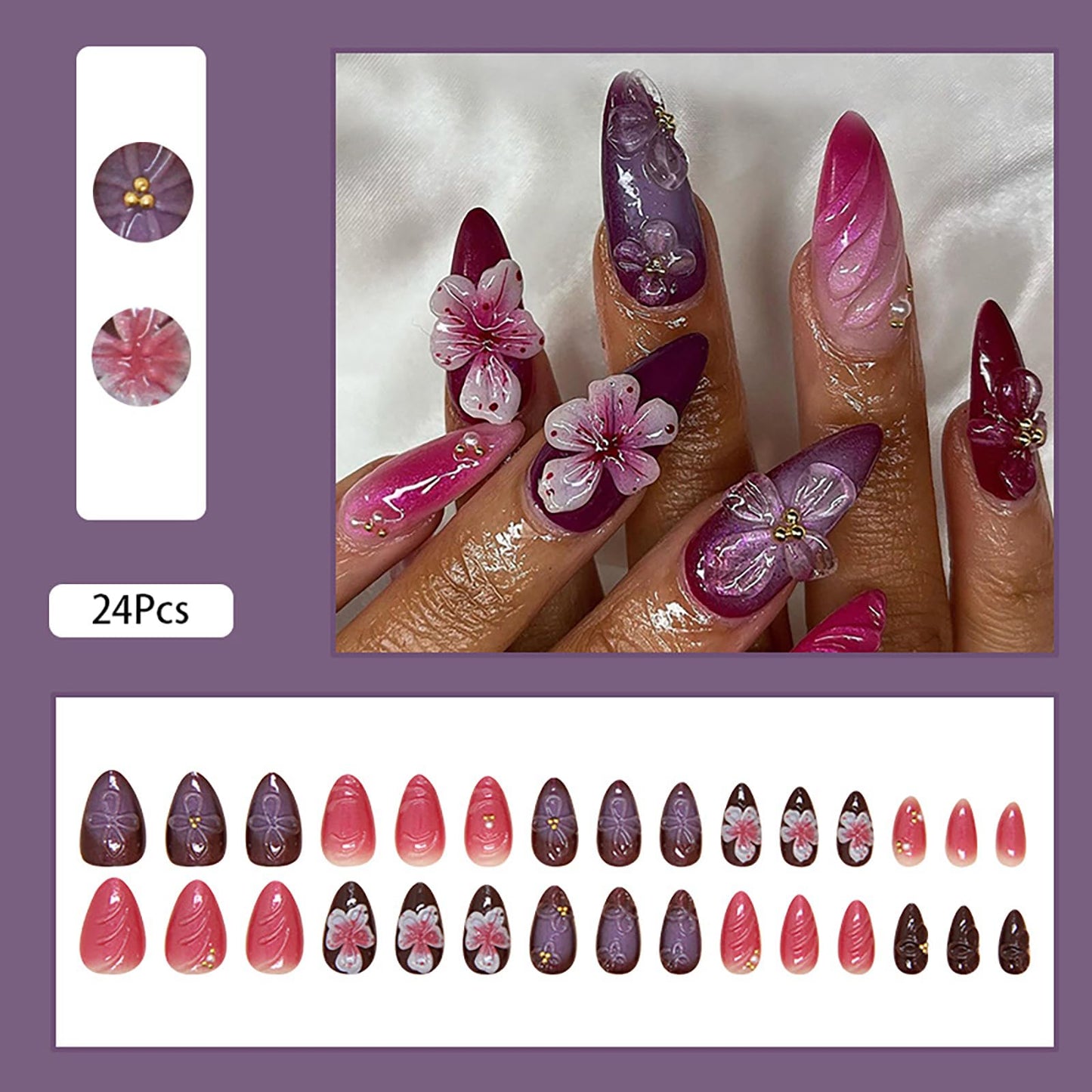 24Pcs Red Purple Almond Press on Nails Spring Summer Flower Fake Nails Glossy Full Cover Nails Press ons 3D Flower Nail Art Reusable False Nails Artificial Medium Stick on Nails for Women Girls