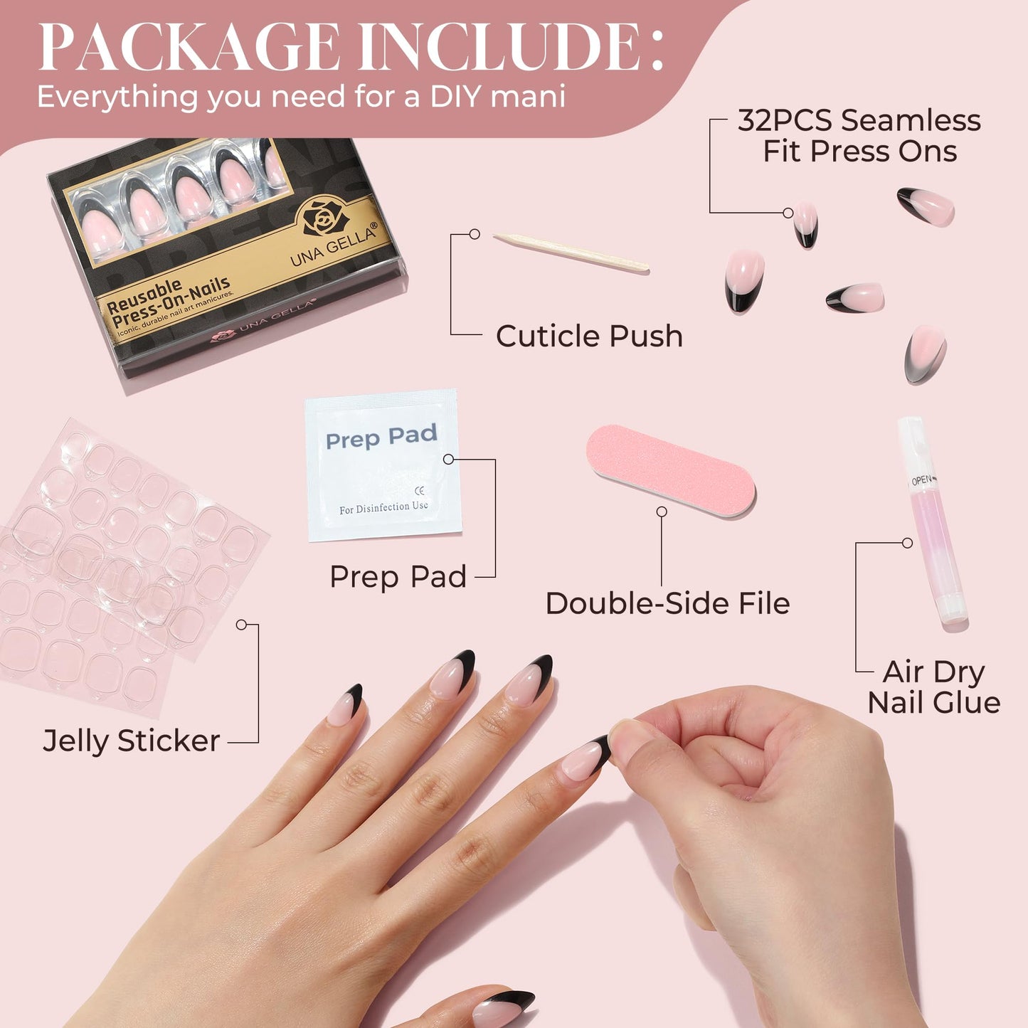 UNA GELLA French Tip Press On Nails Almond: Black Soft Gel Press Ons Short Kit with Nail Tips Glue on Nails, 16 Sizes - 32 Reusable Fake Nails, Black French