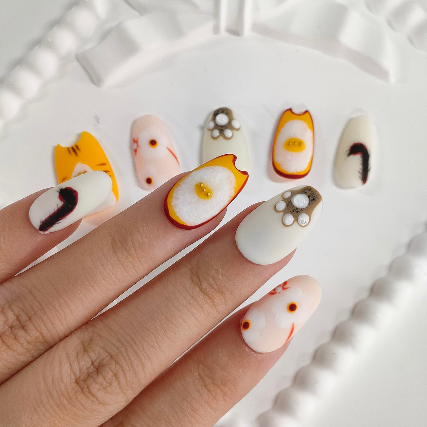 Cat Press on Nails Medium Almond Handmade 3D Thick Acrylic Nails Cute False Nails with Unique Cat Shape Paw Pads Floral Designs Funny Matte Fake Nail Yellow Sturdy Art Press on Nail 10Pcs(M)