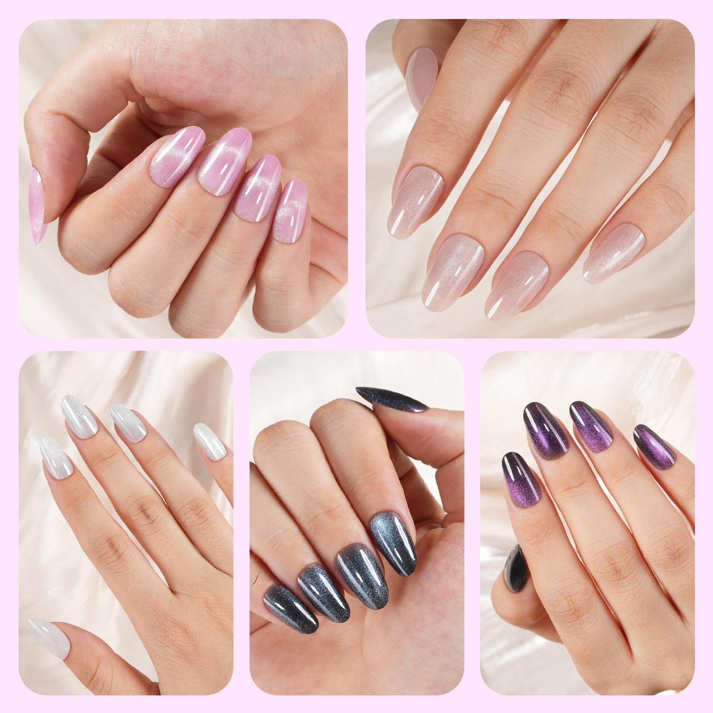 Plauva Cat Eye Press on Nails, 300Pcs Short Oval Cat Eye Nail Tips, Glossy Glitter Soft Gel Fake Nails for Women and Girls Stick On Nails in 15 Sizes