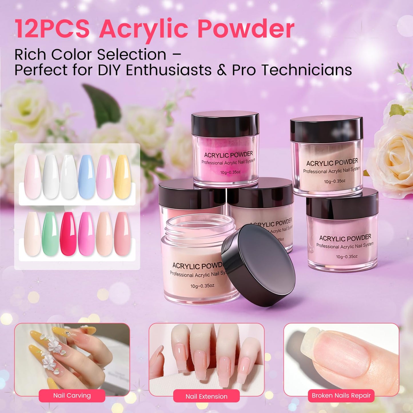 Acrylic Nail Kit for Beginners with Everything: 12 Colors Professional Acrylic Powder Starter Set with Drill UV Light Glitter & Rhinestones in Cosmetic Bag, Ideal Gift for Women Home & Salon (Purple)