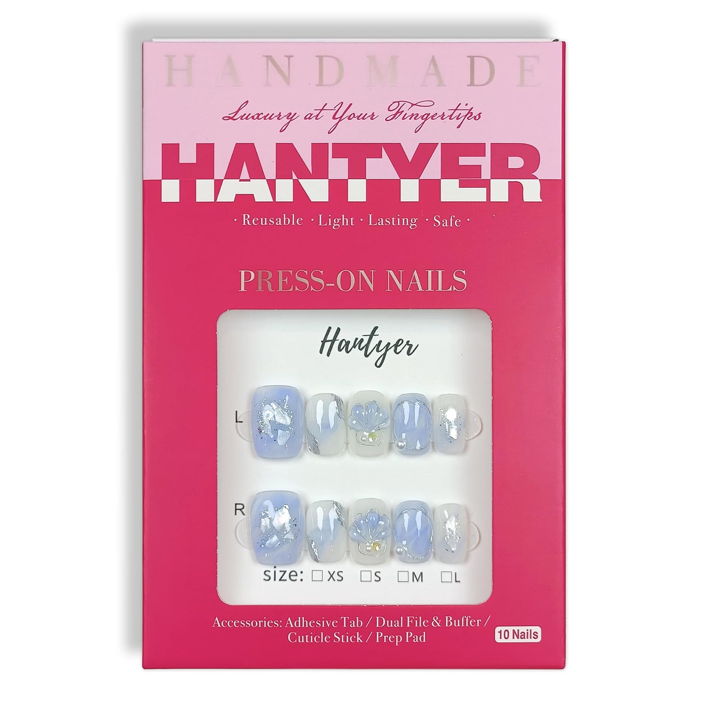 Hantyer Press on Nails, Short Coffin Fake Nails, Blue Marble & Hand-Painted Silver Streaks, Icy Blue Glittering Nails, Handmade Nails Sweet Style for Office, Holiday Parties & Special Events(Size L)