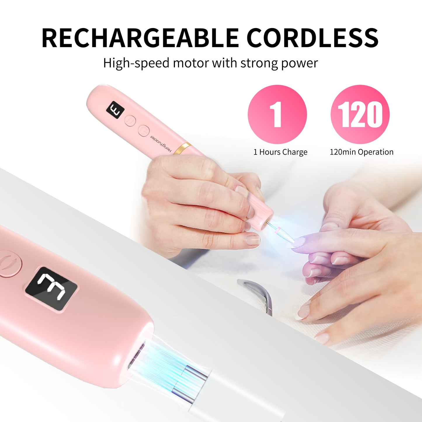 HengYuaoler Electric Nail Drill Machine File Efile Set for Acrylic Gel Nails Portable Nail Drill Machine Kit Rechargeable Pedicure Tools for Hand Feet Manicure Pedicure Tools Polishing Set (Pink)