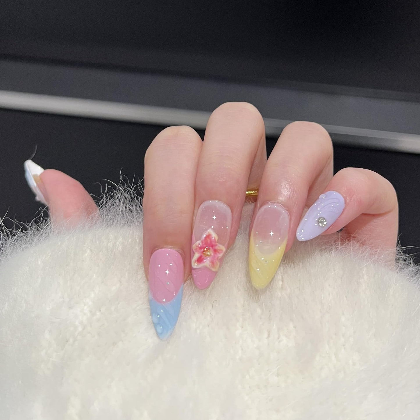 Spring Garden Fake Nails | Sweet & Elegant Press on Nails with 3D Flowers, Pearls & Glitter | French Manicure in Pastel Colors for Women & Girls (M)