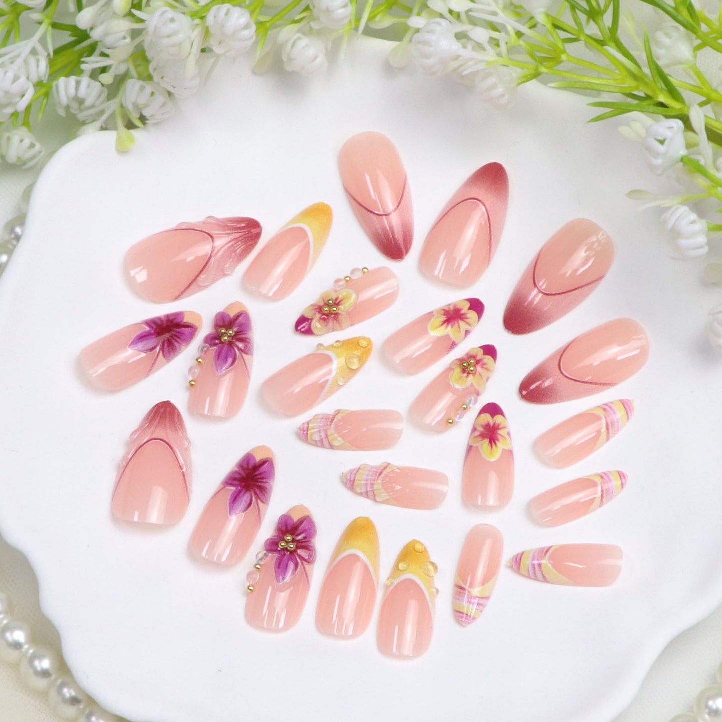 French Tip Press on Nails Medium Fake Nails with 3D Water Droplets Pearl Flowers Lines Designs Almond Nails Press ons Pink Full Cover Reusable Stick on Nails for Women 24Pcs