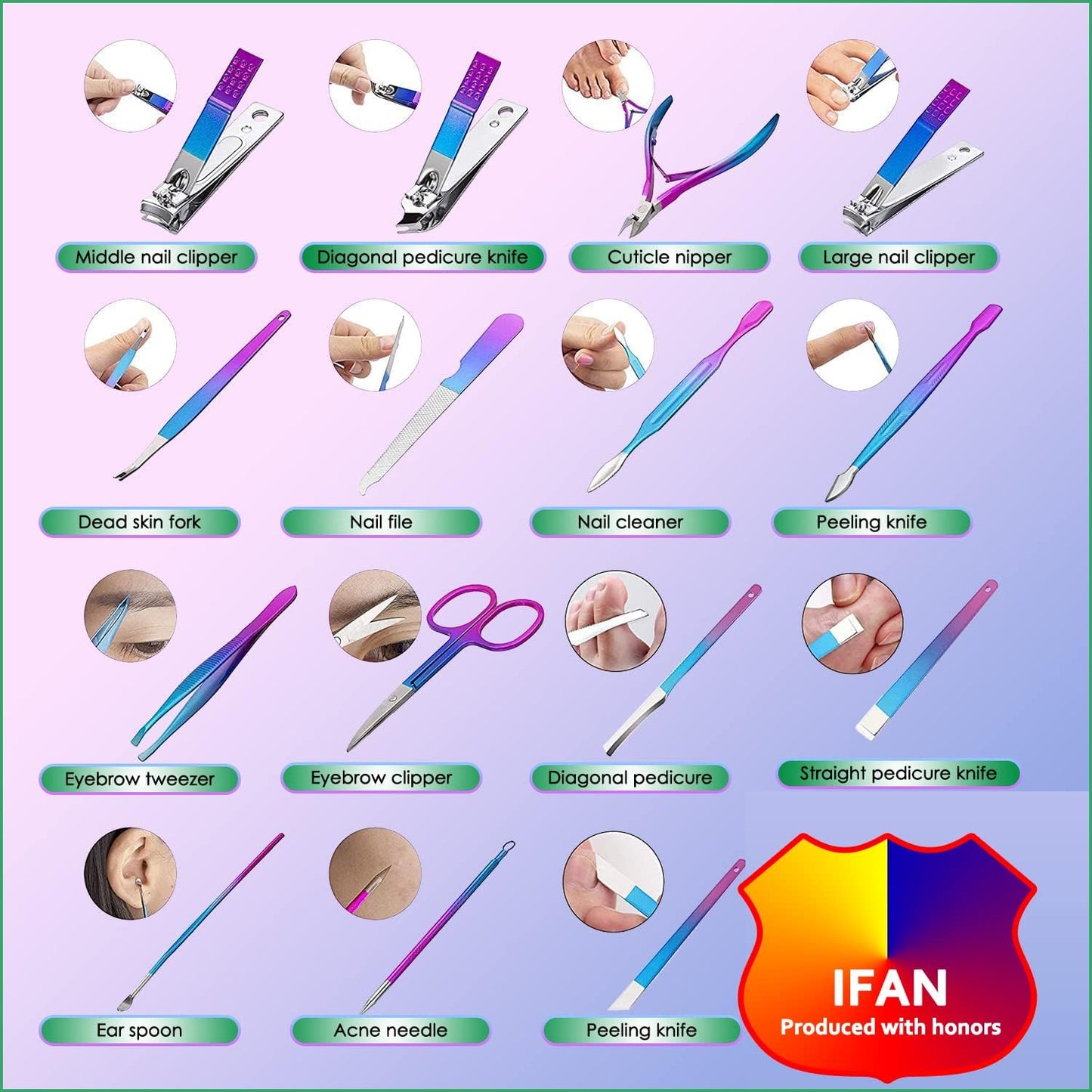 IFAN™ Professional Nail Clipper Nail File Nail Cutter 12PCS in 1 Rainbow Stainless Steel Manicure Set Pedicure Combo Facial Care Tools for Household Travel Portable Gift for Women（12P）