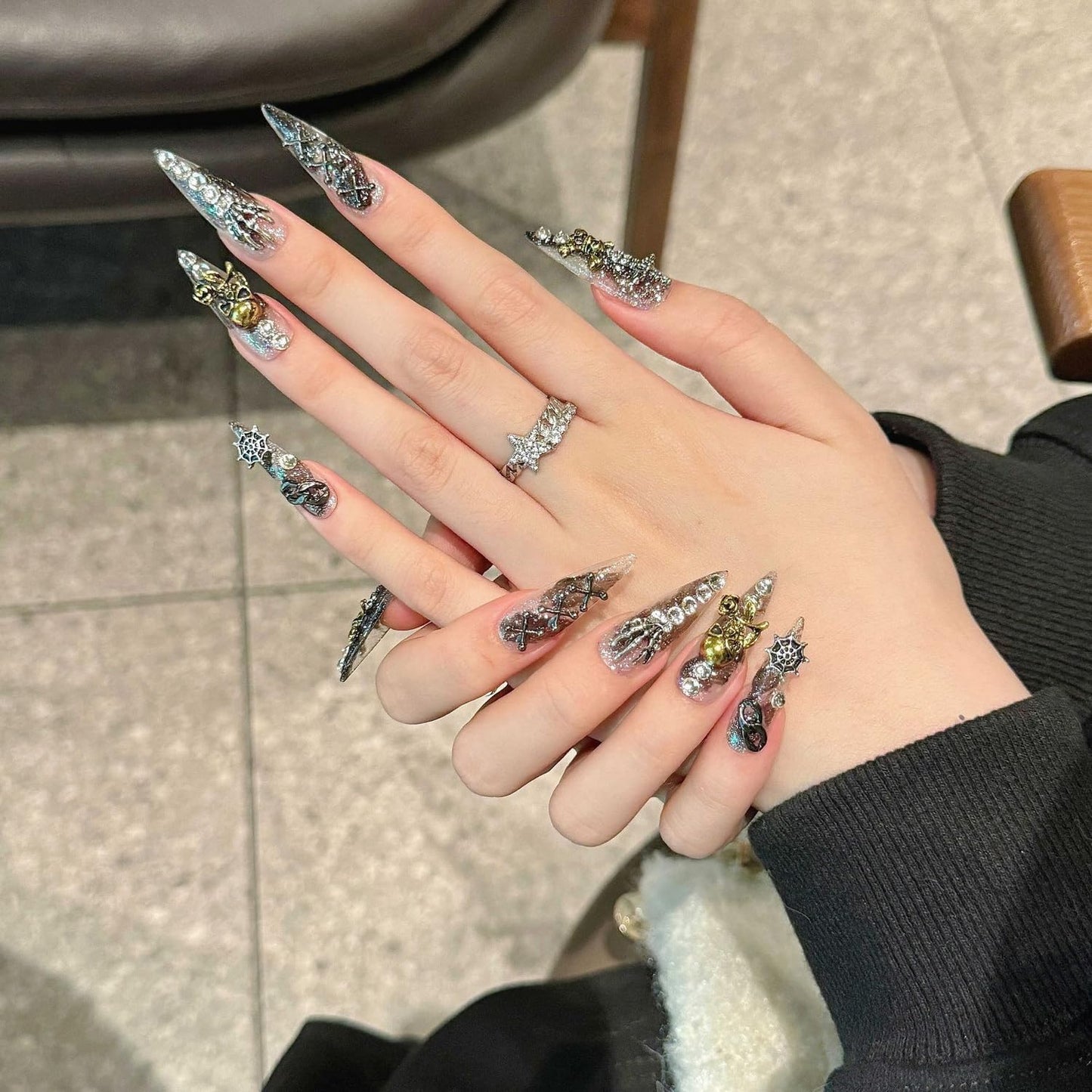 Halloween Press on Nails Handmade Press on Nails Long Almond Fake Nail Skeleton False Nail with Spider Web and Rhinestones Designs Full Cover Glue on Nails Glossy Halloween for Women (Size M)