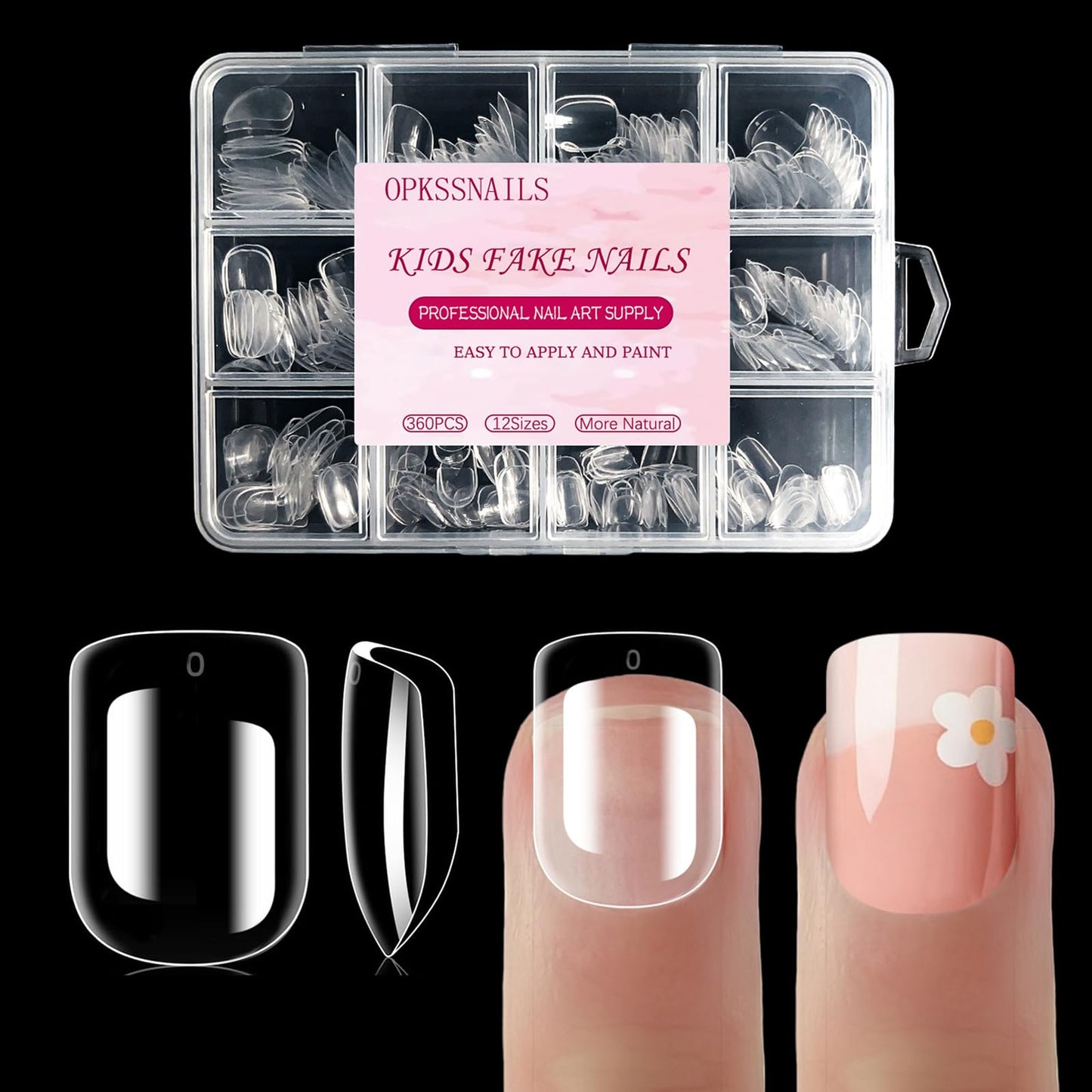 OPkssnails 360Pcs Kid Nail Tips,Soft Gel Nail Tips Pre-Shaped Press On Nails For Kids,Clear Acrylic Half Matte Full Cover Fake Nail For Kids DIY Extension & Salon Use12 Sizes For 8-12 Years