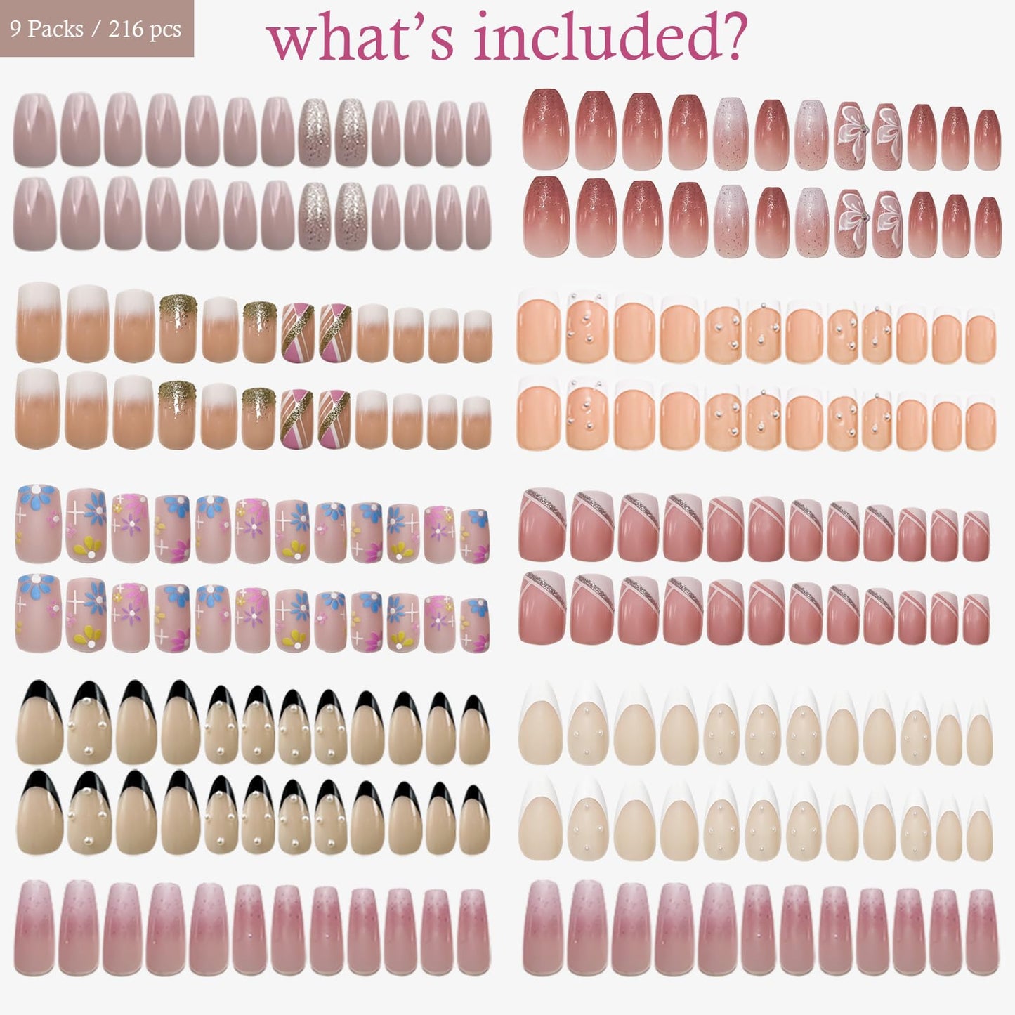 Jsiallye 216Pcs Pink Gradient Press On nails Short Square,9 Packs French Tip Press On Nails Almond,Fit Perfectly & Natural Reusable Stick on Nails in 24 Sizes
