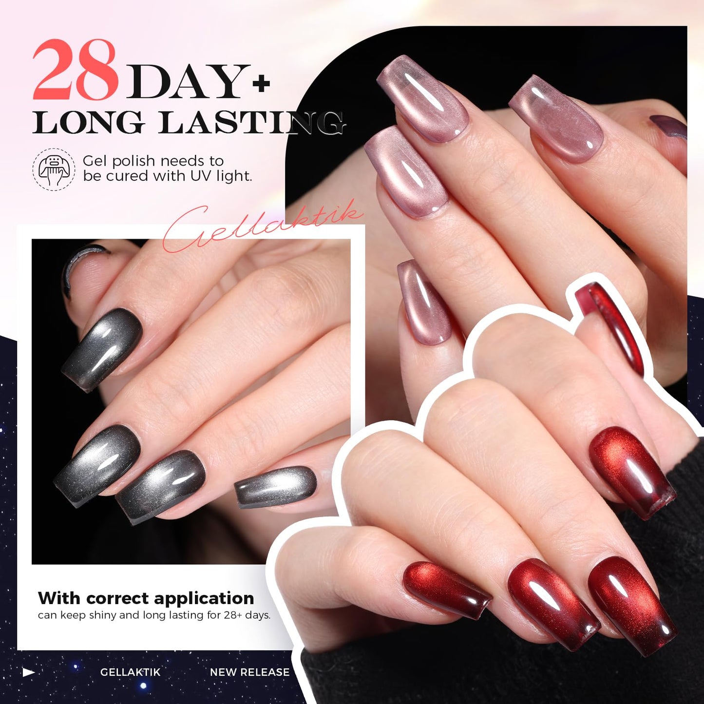 GELLAKTIK 16 Color Cat Eye Gel Polish Set - Magnetic Nail Polish Kit with Strong Magnet & Brush, Holographic Shimmer Gel for DIY & Salon Manicure at Home