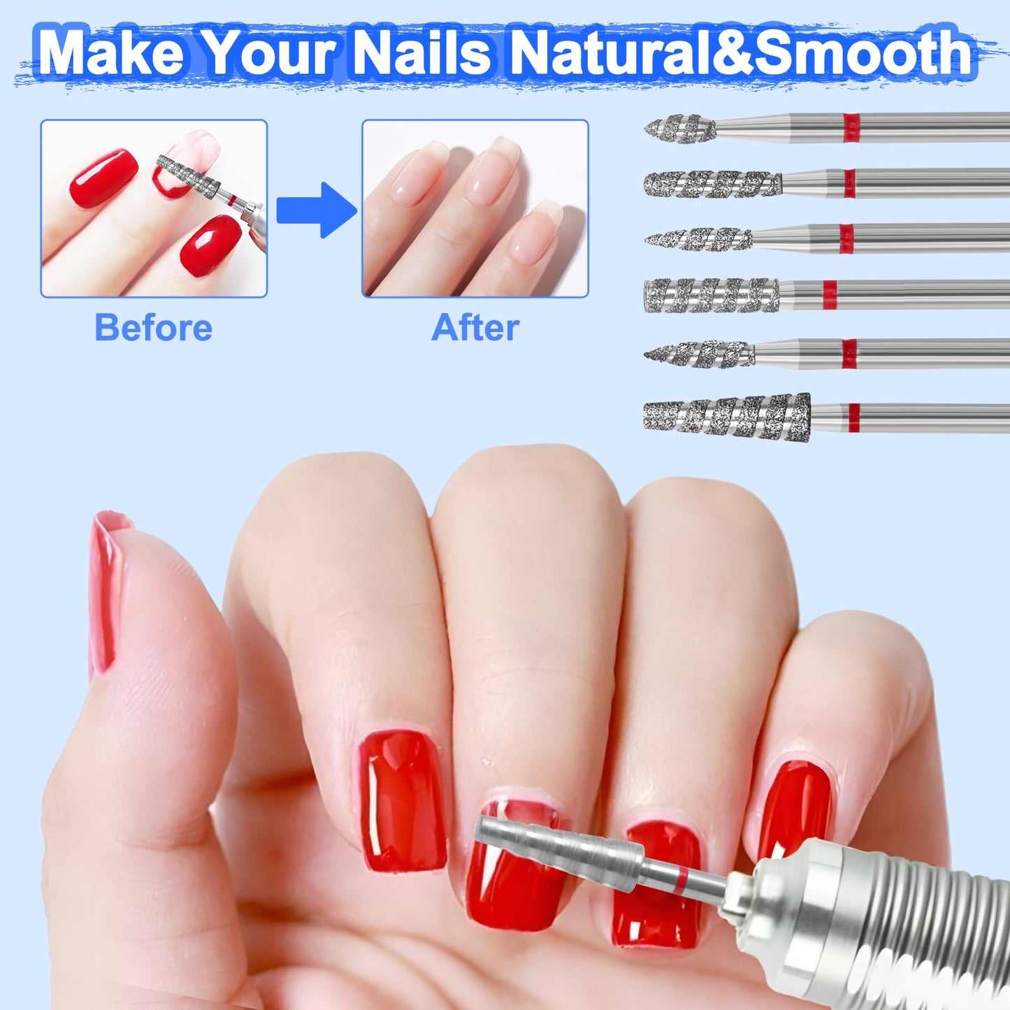 Diesisa 6 Pack Nail Drill Bits for Acrylic Nails, Diamond Carbide Nail Clipper Heads with Diamond Spiral Grooves, 3/32 Inch Cutter Attachment for Nail Preparation, Cuticle and Dead Skin Removal-Red