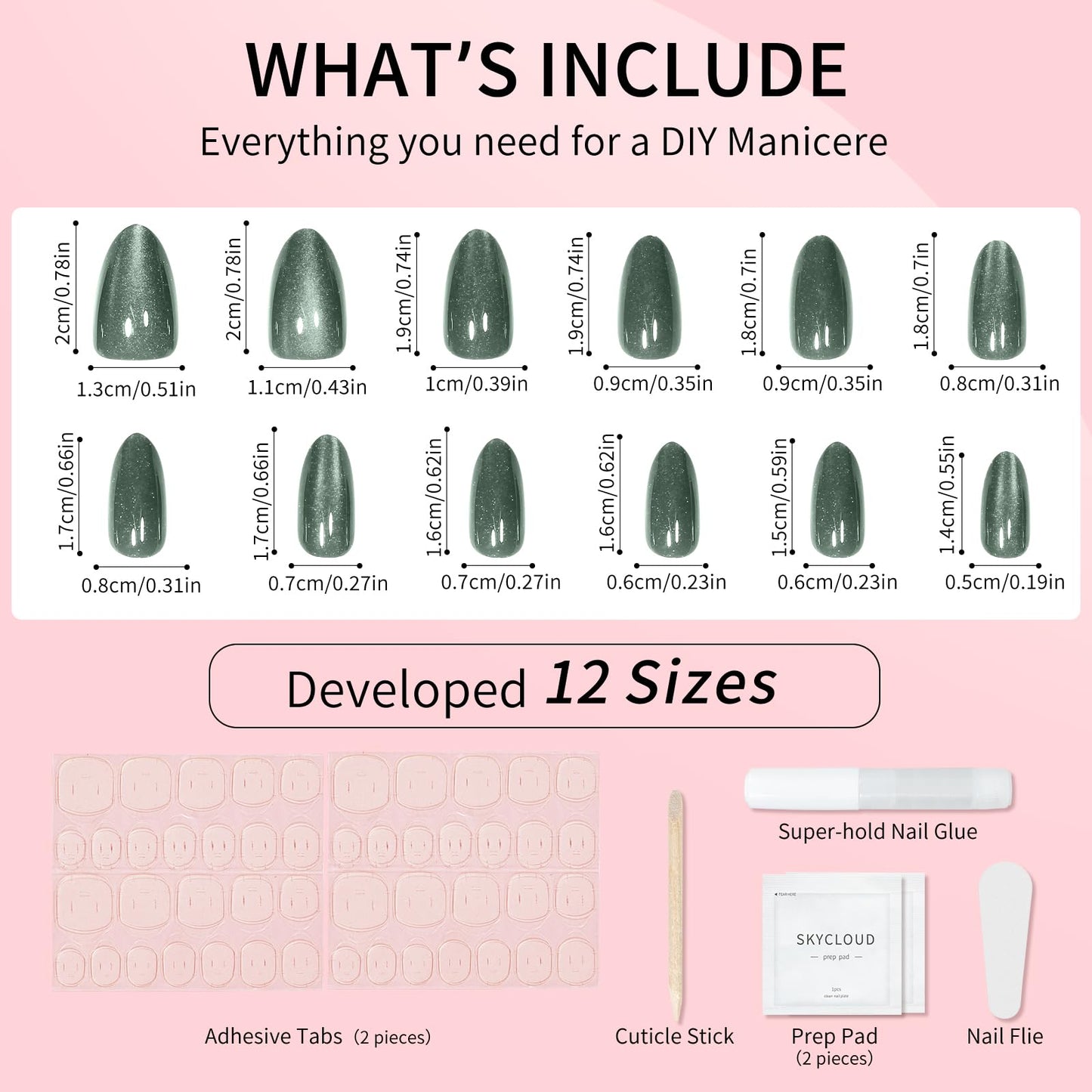 Green Almond Cat Eyes Press On Nails,12 Sizes - 24 Pcs Soft Gel Blackish Green Medium Fake Nails Kit with Nail Glue, Natural Reusable Stick On False Nails for Women and Girls SK1027