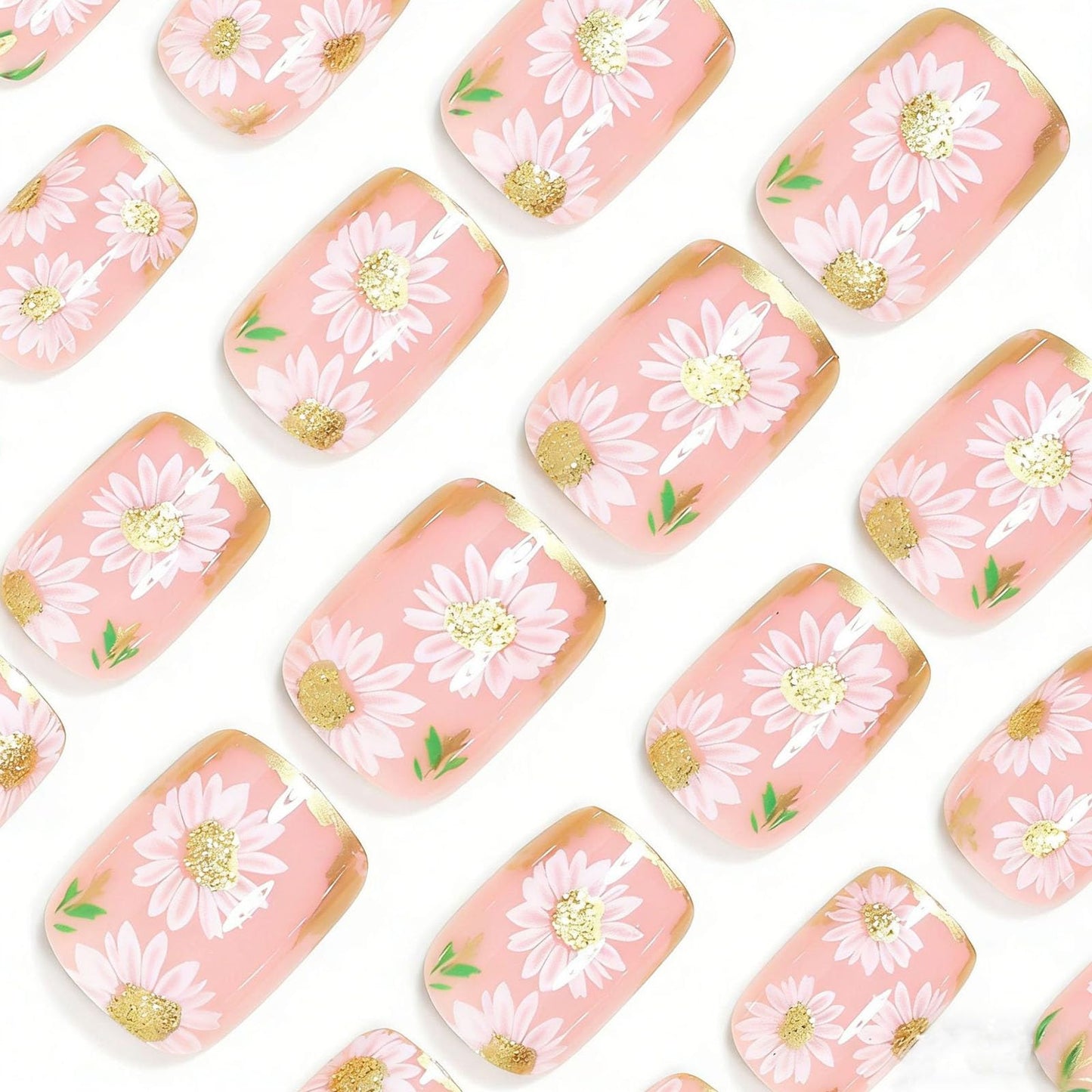 French Tip Press on Nails Short Square - Fake Nails Press ons with Gold Foil & Daisy Flower Design Manicure Set, Light Pink Full Cover Glue on Nail for Women Wedding & Casual Occasions