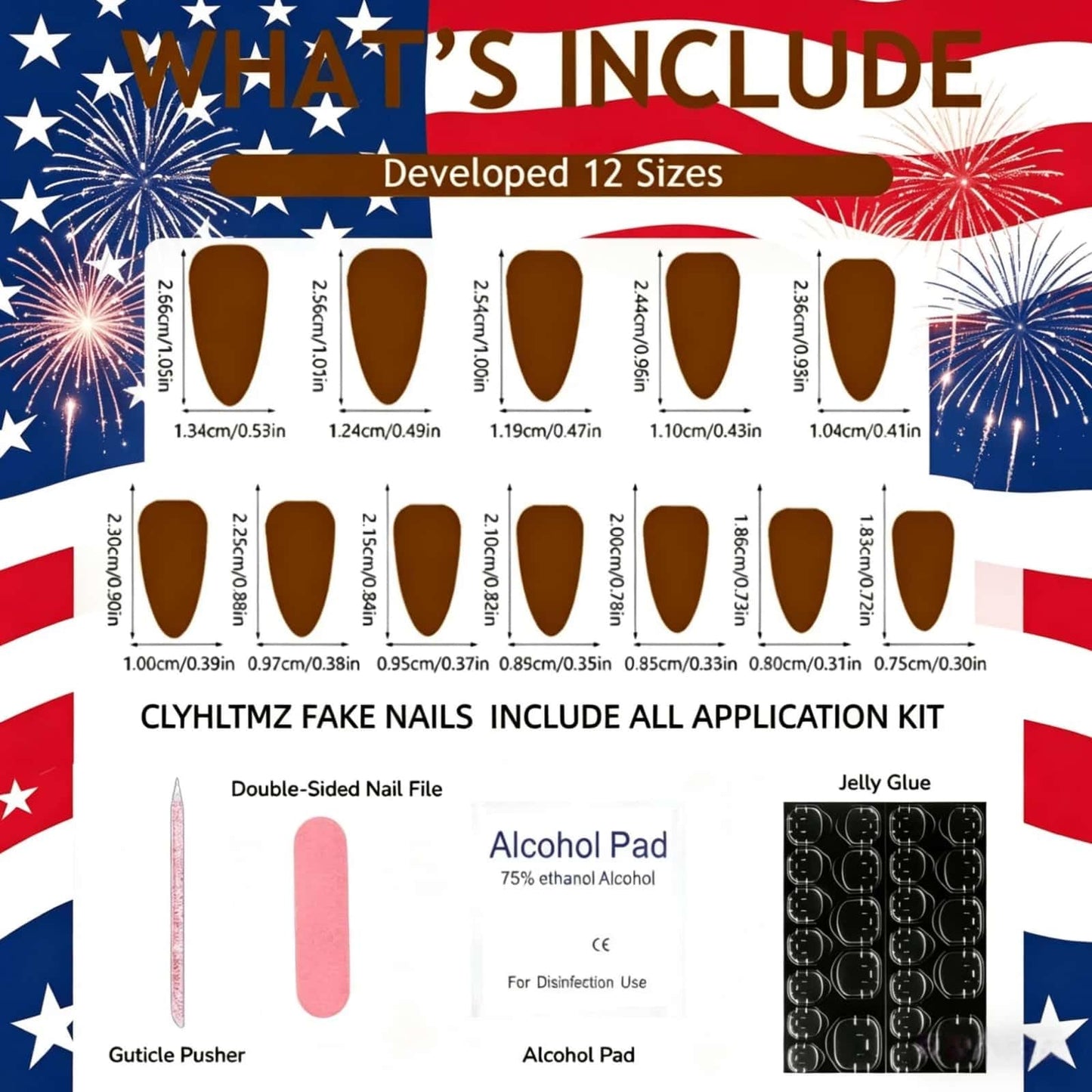 CLYHLTMZ Independence Day Press on Nails Short Almond Fake Nails 4th of July USA Day Glue on Nails Red White Stripes with Flowers Design Glossy Reusable Acrylic Stick on Nails for Women 24 Pcs