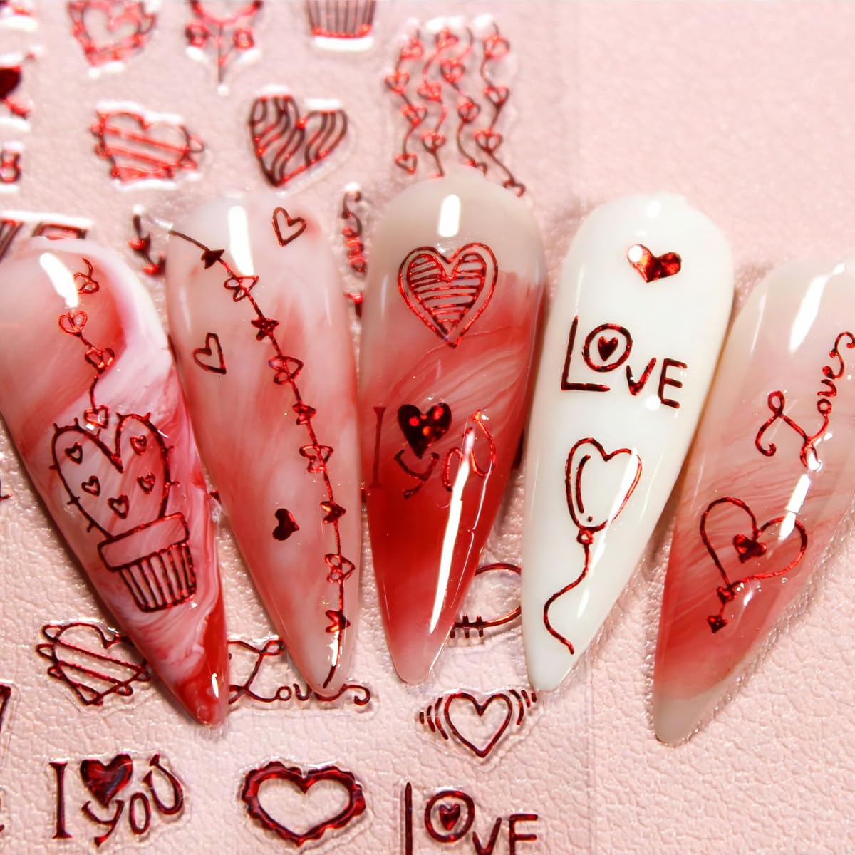 4 Sheets Valentines Nail Art Stickers Romantic Love Heart Nail Decals Glitter Laser Red Design Nail Stickers 3D Self-Adhesive Valentine's Holiday Nail Art Supplies for Women DIY Manicure Decoration