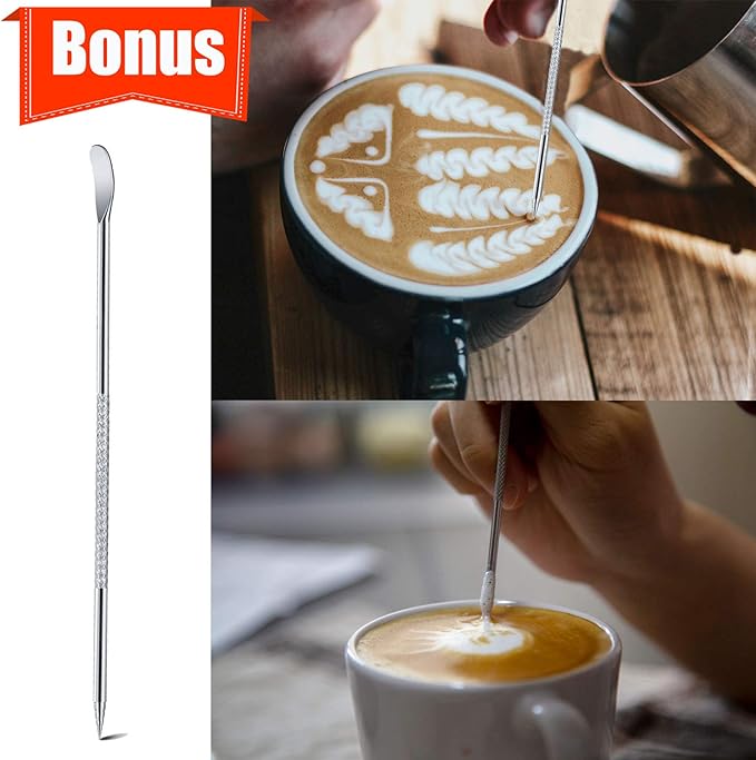 Milk Frothing Pitcher, Thicker Version 12oz Espresso Steaming Pitchers Stainless Steel Cappuccino Coffee Machine Accessories Barista Tools Steamer Pitchers Milk Jug Cup with Decorating Pen Latte Art
