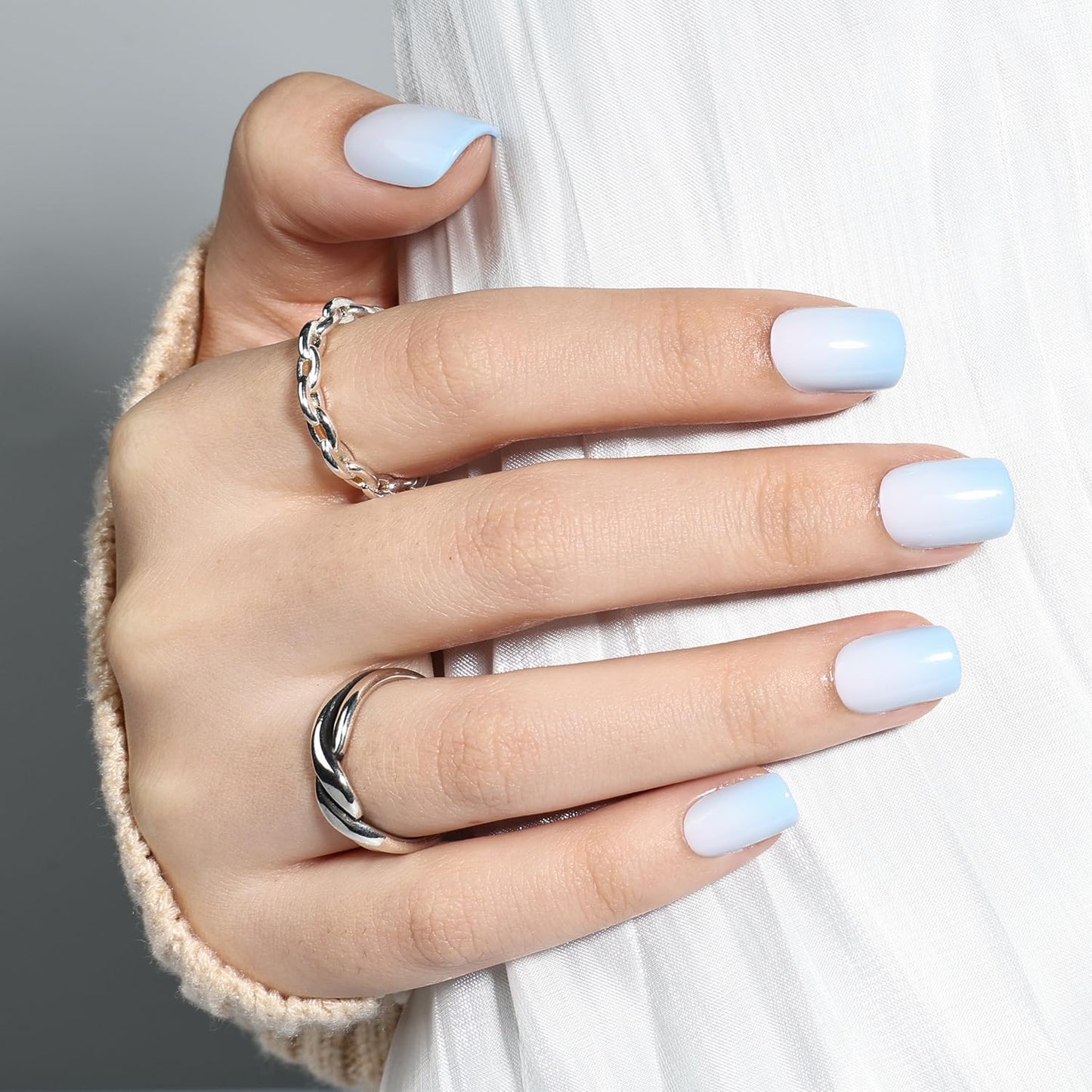 Leefrei Press On Nails - Short Square Blue Fade Press on Nails Glossy Finish Nails Press Ons for Women DIY Fake Nails Kit with Glue, Reusable Glue on Nails Short in 15 Sizes - 30pcs, Sky Fade