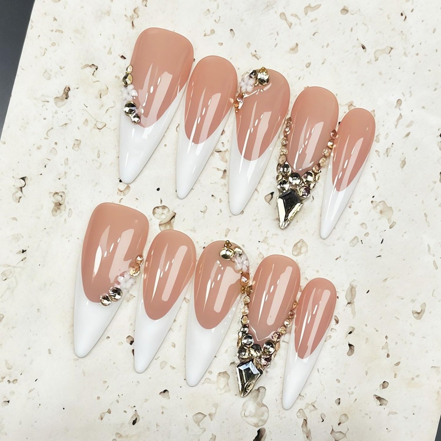 Handmade Press on Nails Long Stiletto Fake Nail Luxury 3D Golden Rhinestones Design White French Tip Stick on Nails Thick Fake Nail DIY Art Elegant Elegant Acrylic Nails for Women (S)