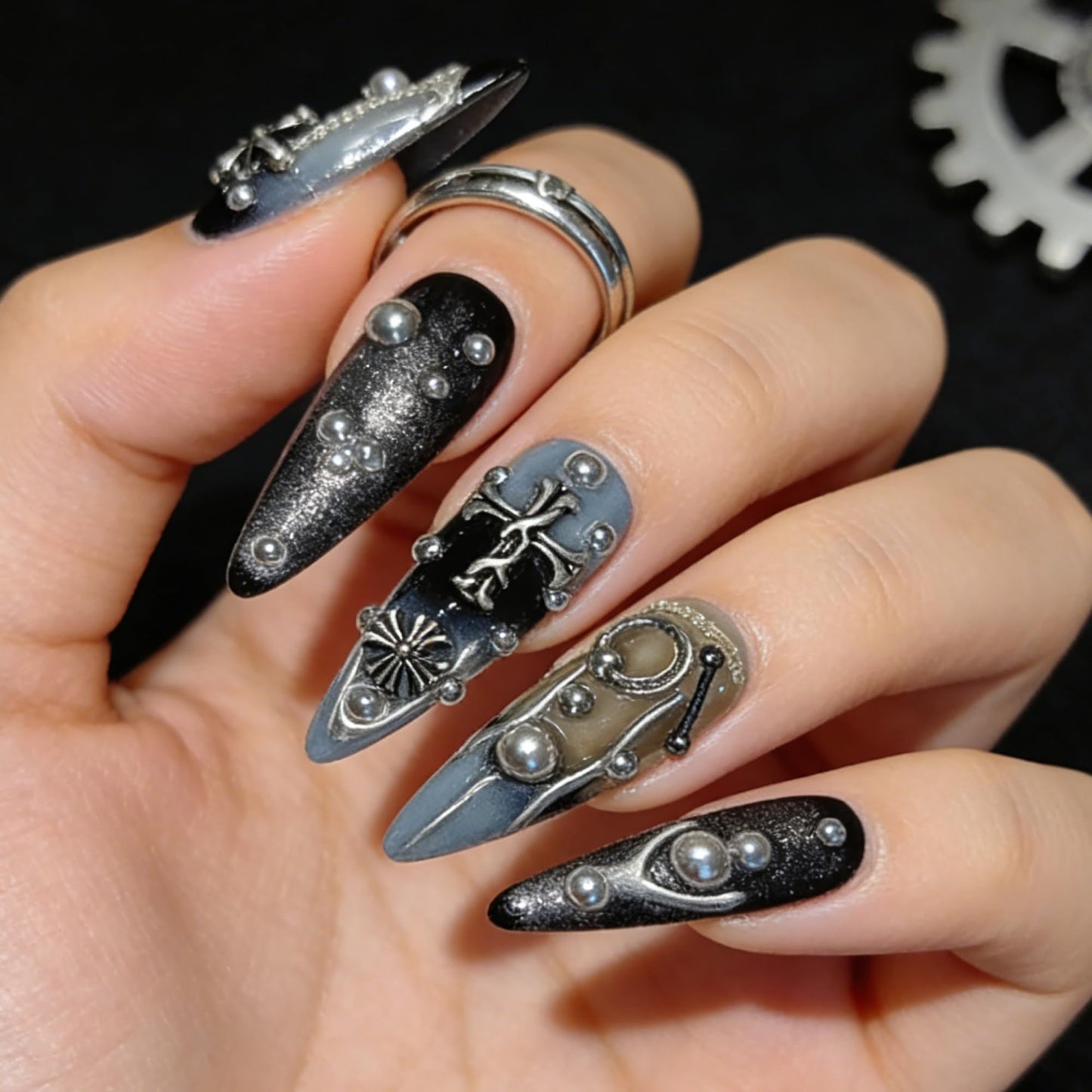 CtrlZ 3D Handmade Luxury Stiletto Press On Nails – Gothic Cross Blue Black Metal Stud Design, Reusable Fake Nails, Size S
