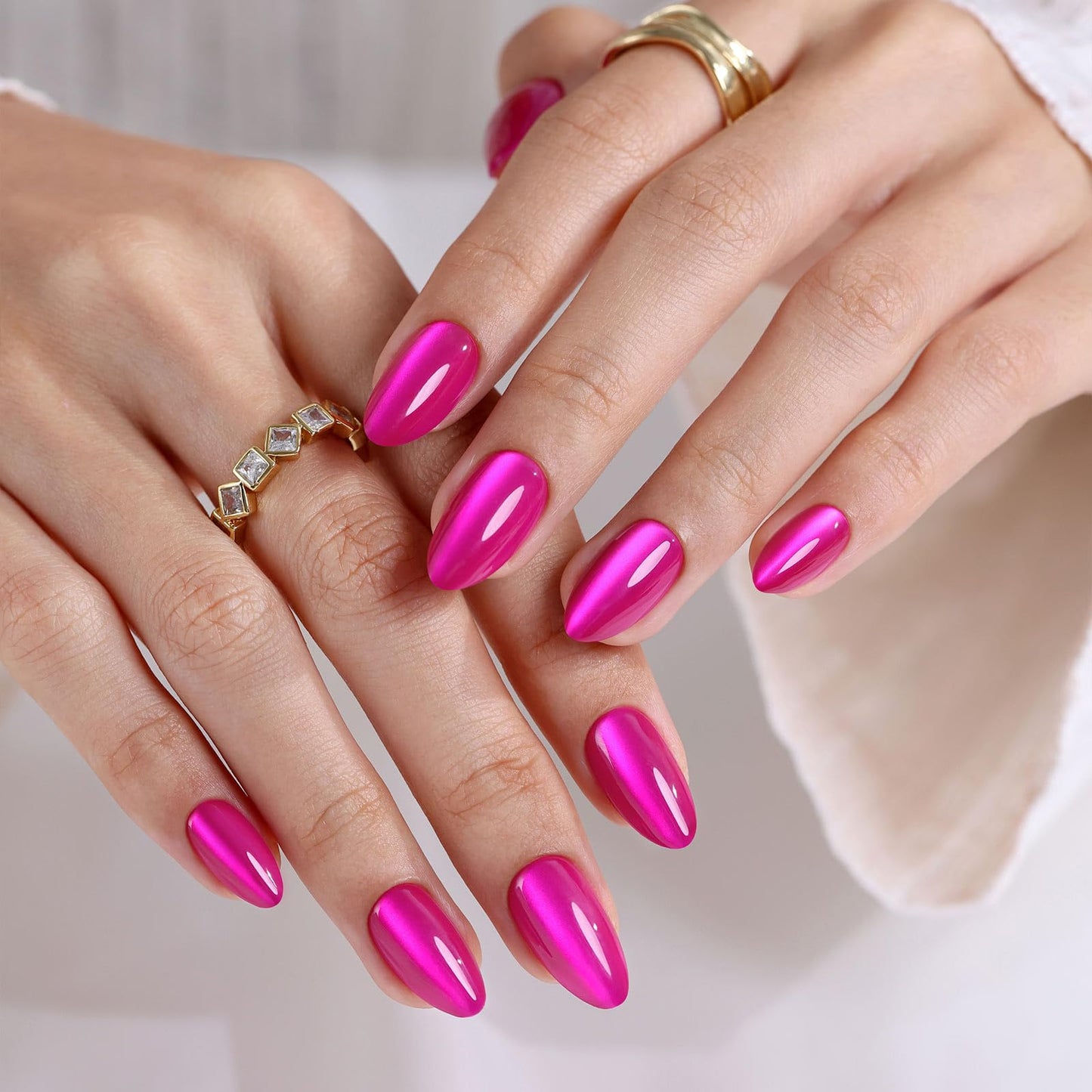 Hot Pink Almond Cat Eye Press on Nails - GJZEZ Soft Gel Short Fuchsia Glass Cateye Fall Stick on Nails Press Ons, Neon Pink Mauve Fake Nail | 16 Sizes - 32 pcs Reusable Prom False Nail, Magenta Rose