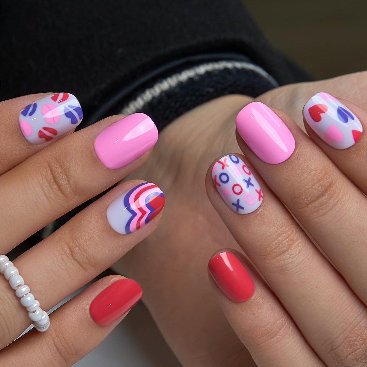 Curvlife Press On Nails Extra Short Square Pink - Valentine Hearts Press on Nails with Glue, Love Kisses Red Pink Glossy Cute Fake Nails Long Lasting False Nail Tips for Women Girls Teens
