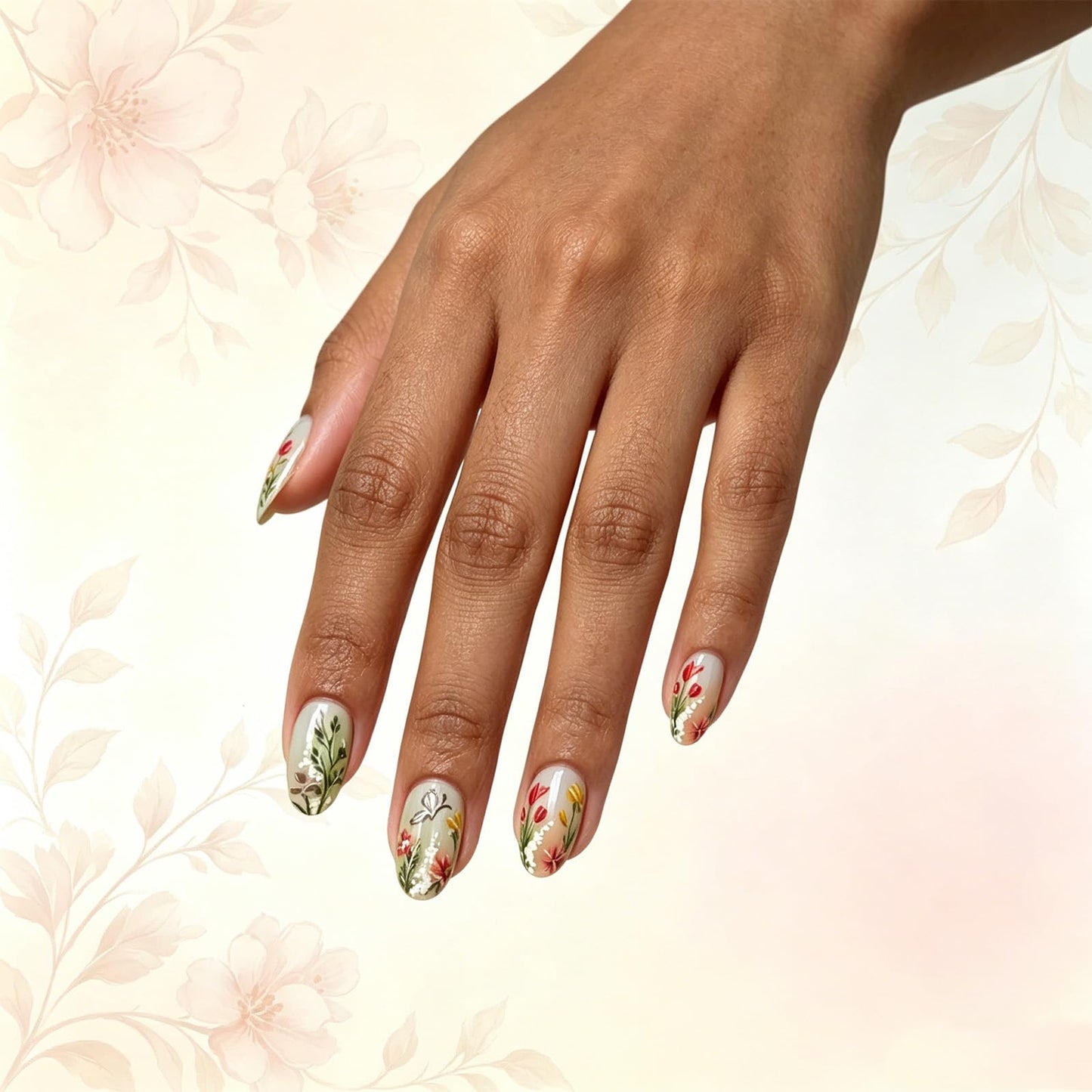 Flower Press on Nails Short Oval, Floral False Nails, Glossy Green Ombre Fake Nail Butterfly Glue on Nail, Leaf Stick on Reusable Acrylic Fingernails for Women Summer Daily Wear