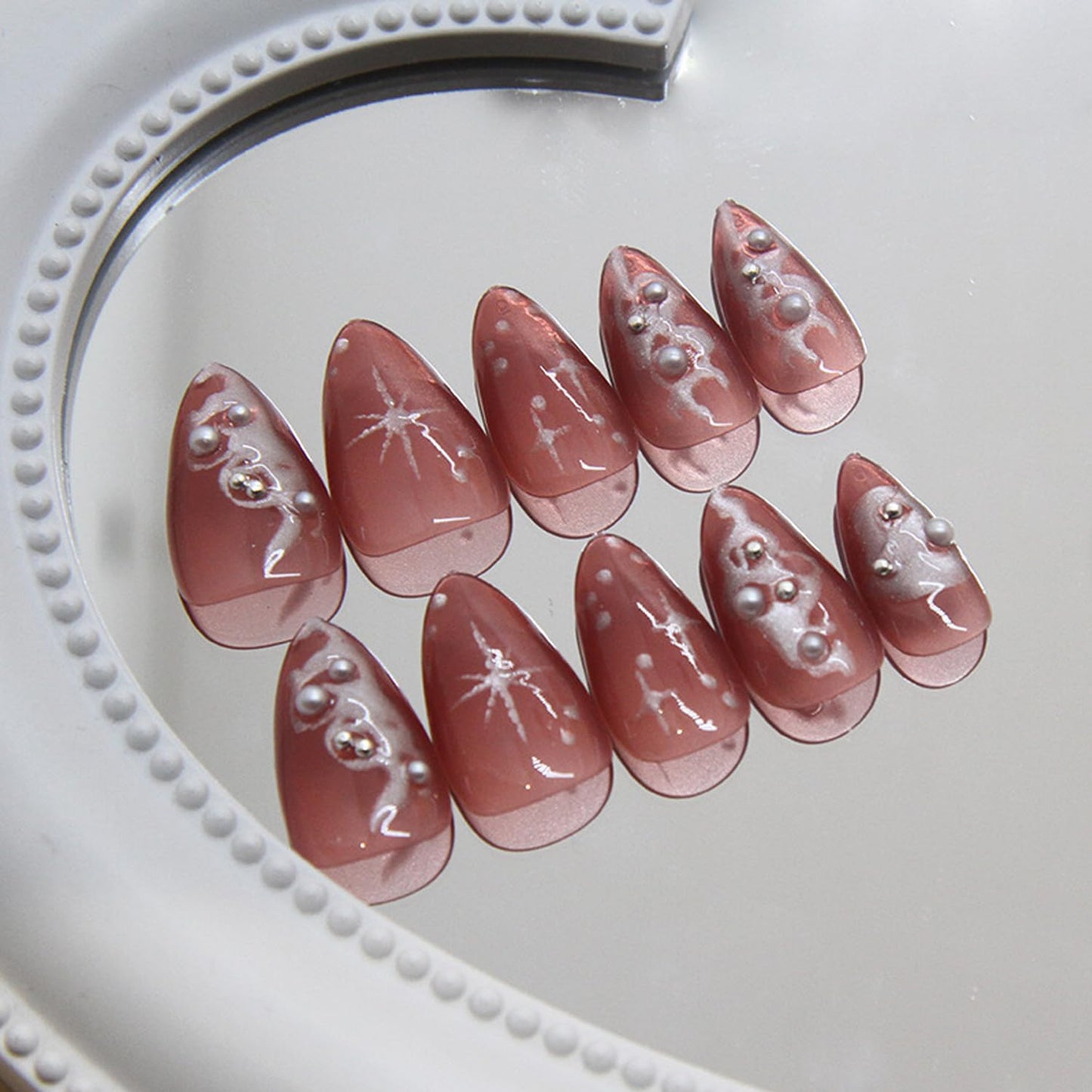 24pcs Dark Press on Nails Medium Fake Nails with 3D Irregular Pearl Design Full Cover Artificial Glue on Nails Dark Style French Nails Cute Stick on Nails Almond Shape Wearable Nail Tips for Women