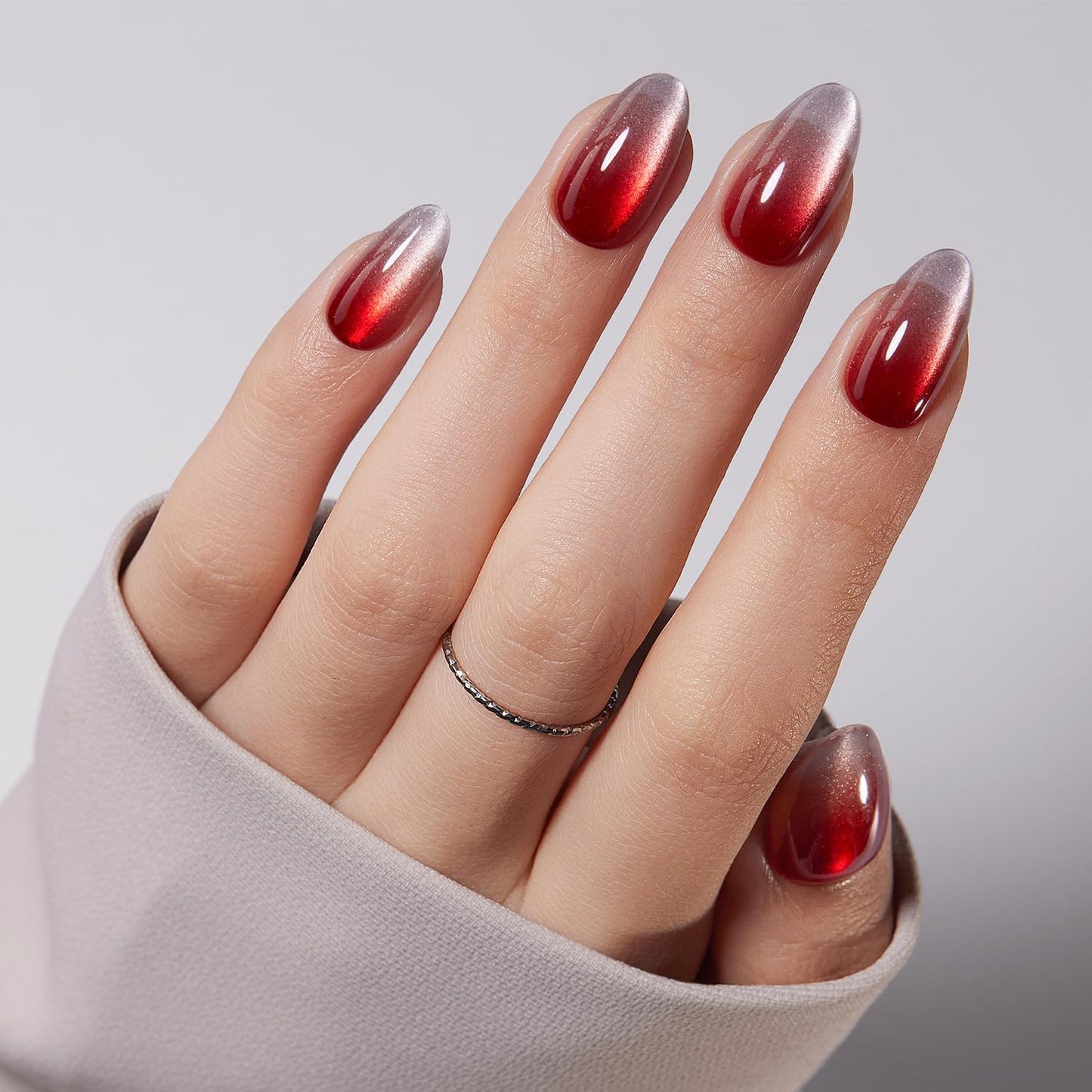 VSALON Press On Nails Short Almond, Red Cat Eye Press On & Purple Blue Ribbon Cat Eye Fake Nails Reuasble Glue on Nails For Women