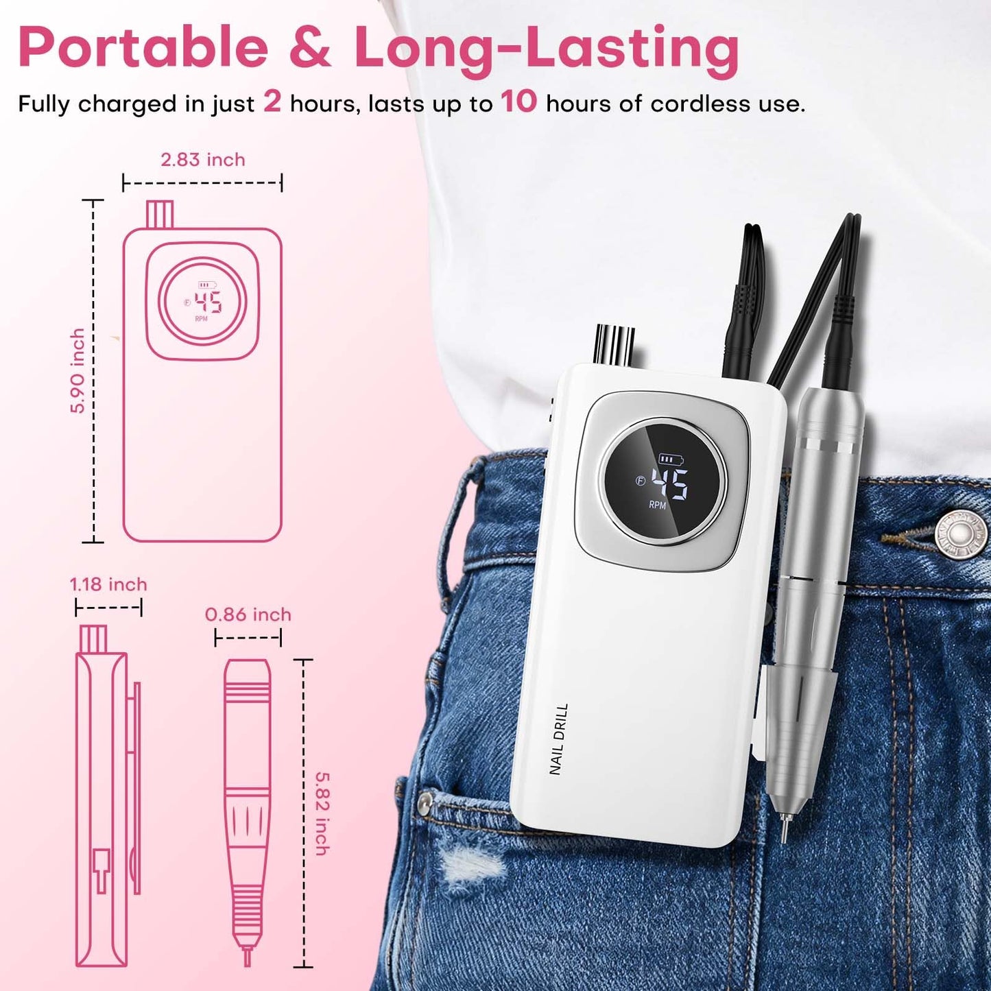 Electric Nail Drill Professional: Rechargeable Nail File with Bits for Acrylic Gel Nails, Professional Nail Drill Manicure Pedicure Polishing Shape Tools for Home Salon (White)