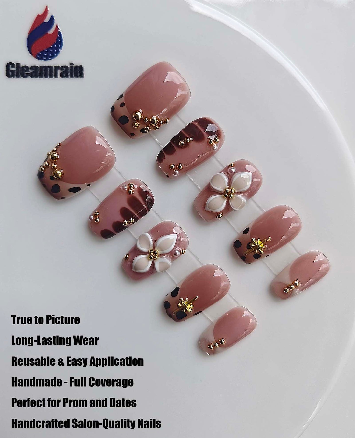 Gleamrain Handmade Short Press On Nails Square-Ins Style M Size-Easy Apply Daily Wear Artificial Nails Press Ons for Women 10Pcs Gleamrain Design 404