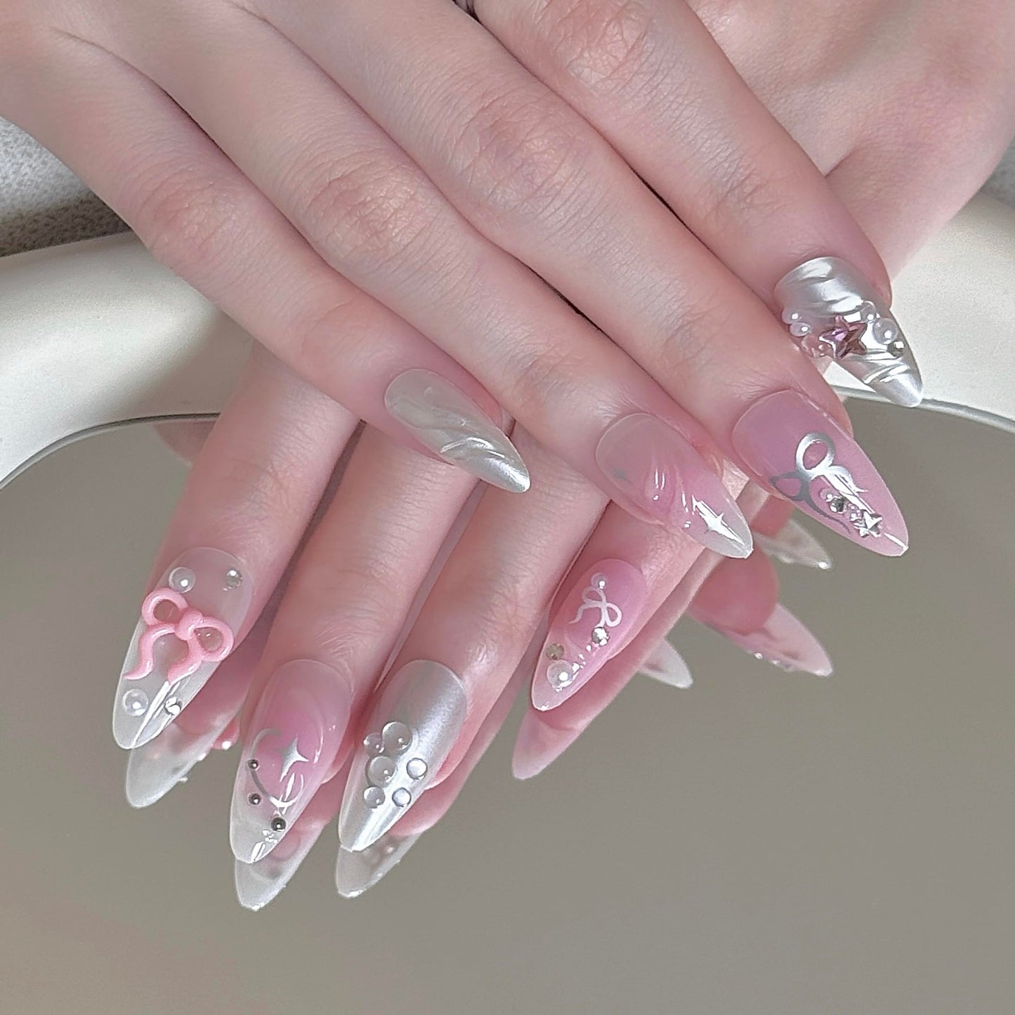24 Pcs Y2K 3D Press on Nails Almond Shape Pink Fake Nails with Flower Nail Charms 3D Bow Almond Shape False Nail Full Cover