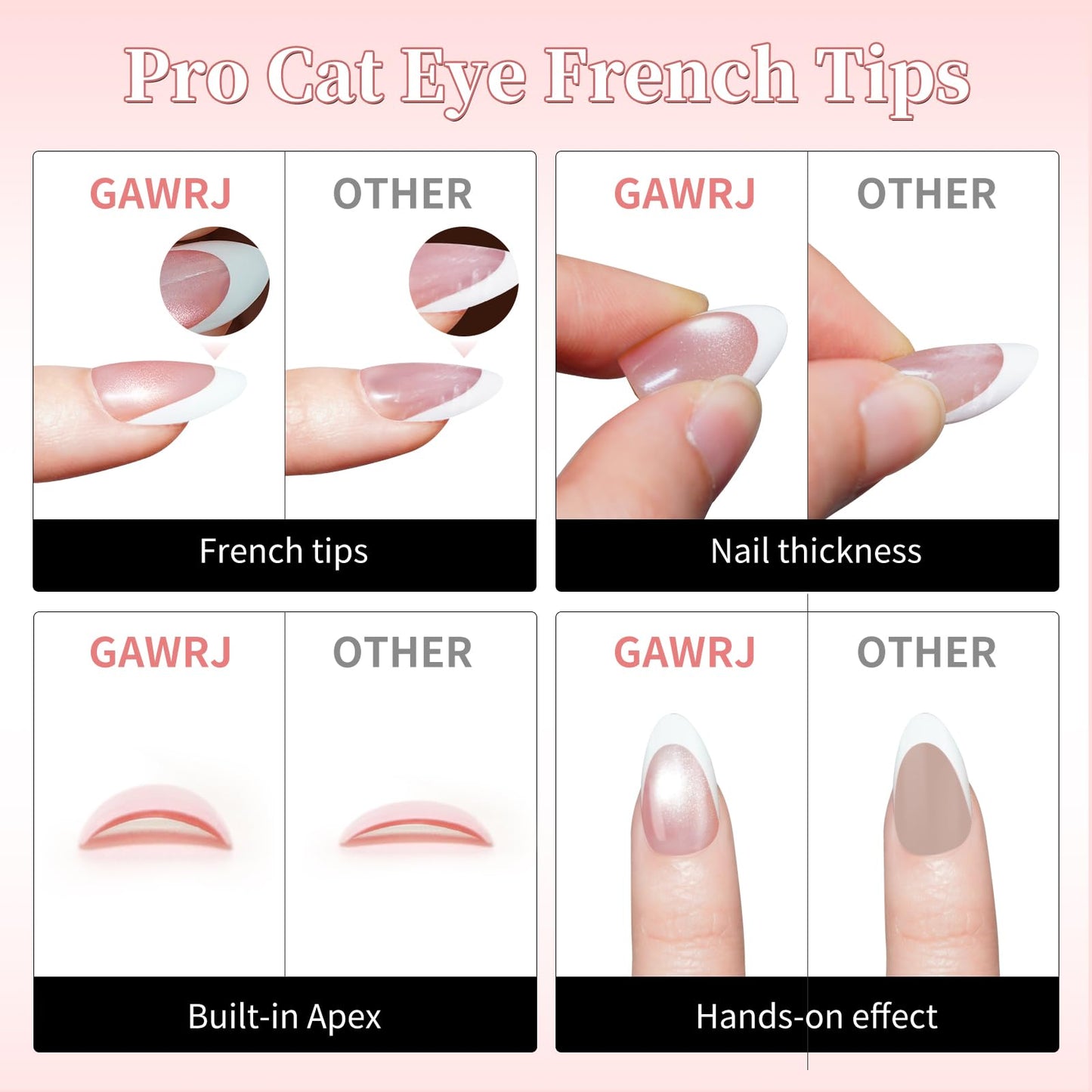GAWRJ Press On Nails Short - Brown Nail Tips, French Tip Cat Eye Almond Press On Nails with Glue and Adhesive Tabs for Women in 16 Sizes - 32 Soft Gel Glue On Nails Kit