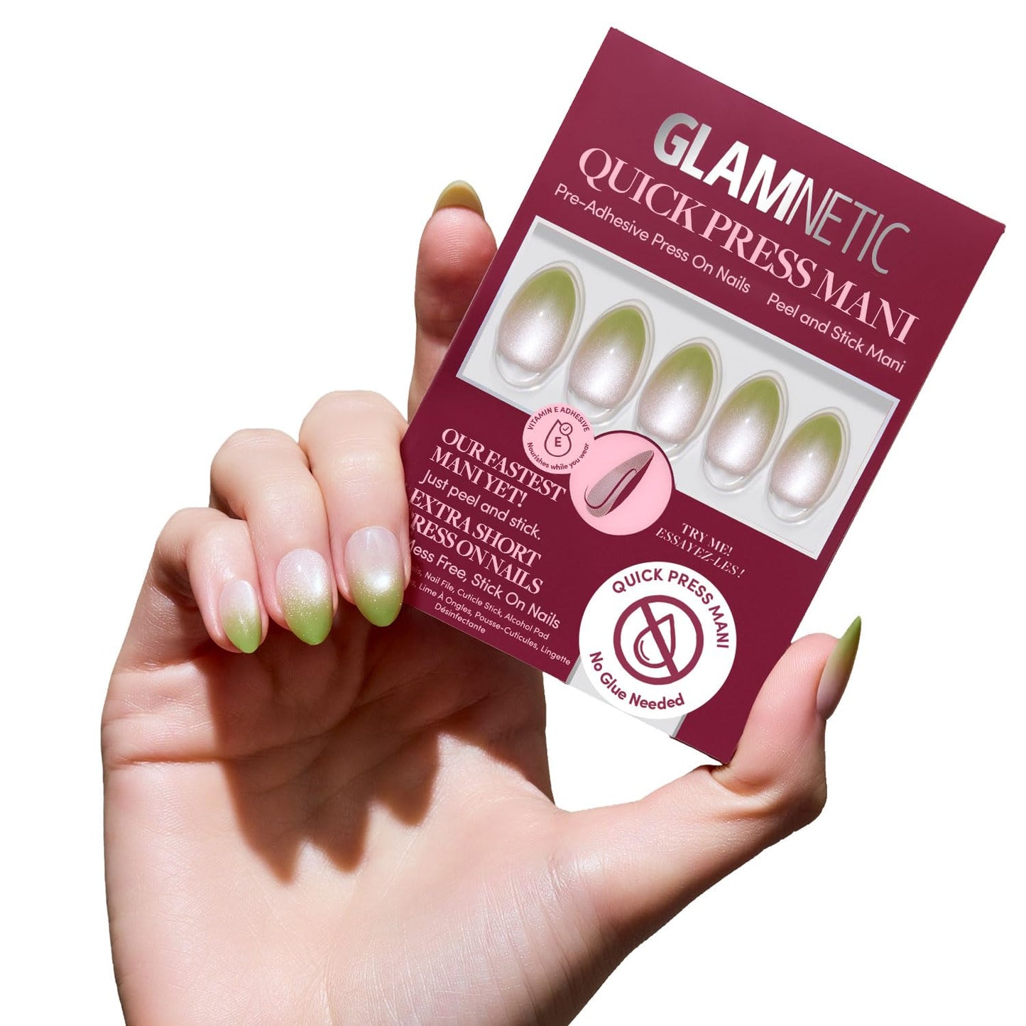 Glamnetic Quick Press Mani Bundle - No Glue Press On Nails, Just Peel and Stick | Sparkly Moss & Light Beam | Mess Free Salon Quality Stick On Nails | Oval & Almond Extra Short Nails