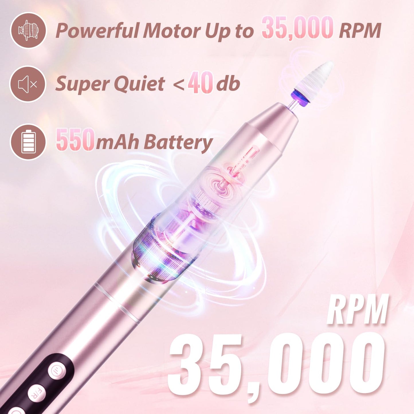 Denabuty Cordless Electric Nail Drill File: 35000RPM Professional Nail Drill Machine with UV LED Nail Lamp Charging Base, Manicure Pedicure Kit E File for Acrylic Gel Dip Powder Polish Pink