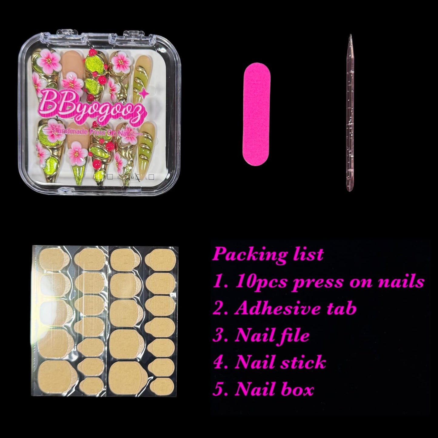 Handmade Luxury Floral Press On Nails, Long Stiletto 3D Pink Petals & Emerald Green Glitter Ombre, Gold Foil Acrylic Reusable False Nails Elven Forest (S)