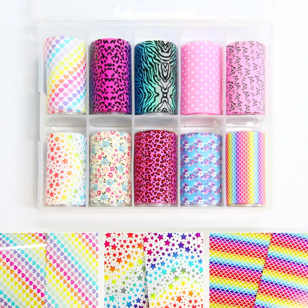 Candy Rainbow Nail Foils Transfer Nail Art Flower Nail Stickers Spring Summer Foil Nail Art Supplies 10 Rolls Leopard Print Star Heart Nails Foil Transfer Stickers Starry Sky Paper Manicure for Women