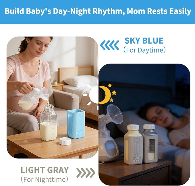 Syntic 2 Pack 16 Oz Glass Breastmilk Storage Bottle with Airtight Lids & 2 Pour Spouts, Milk Storage Containers for Fridge with Clear Scales - Day/Night Milk Collection Bottles with Protective Case