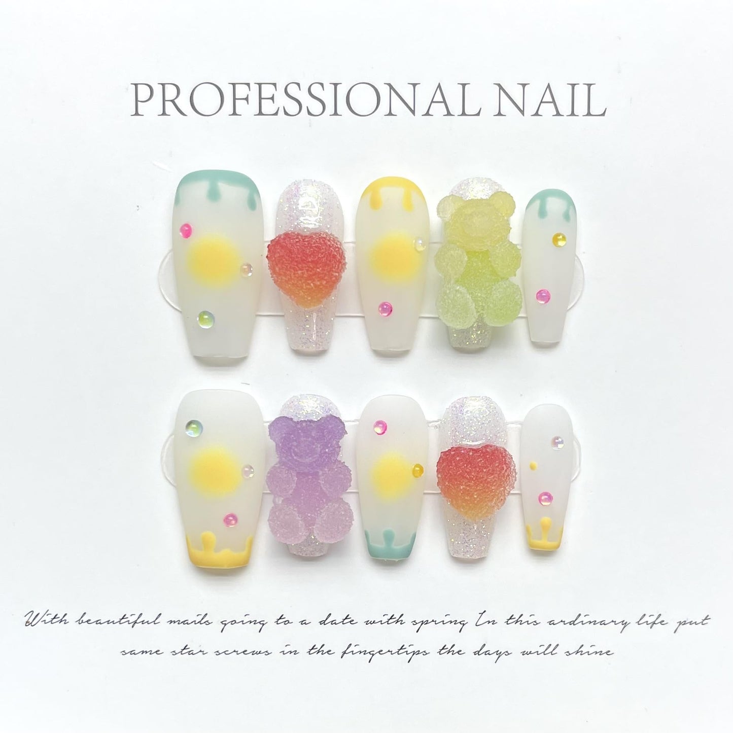 Candylicious Fake Nails | 3D Gummy Bear & Heart Designs | Y2K Lolita Press On Nails | Sweet Pastel Colors for Girls & Women (M)