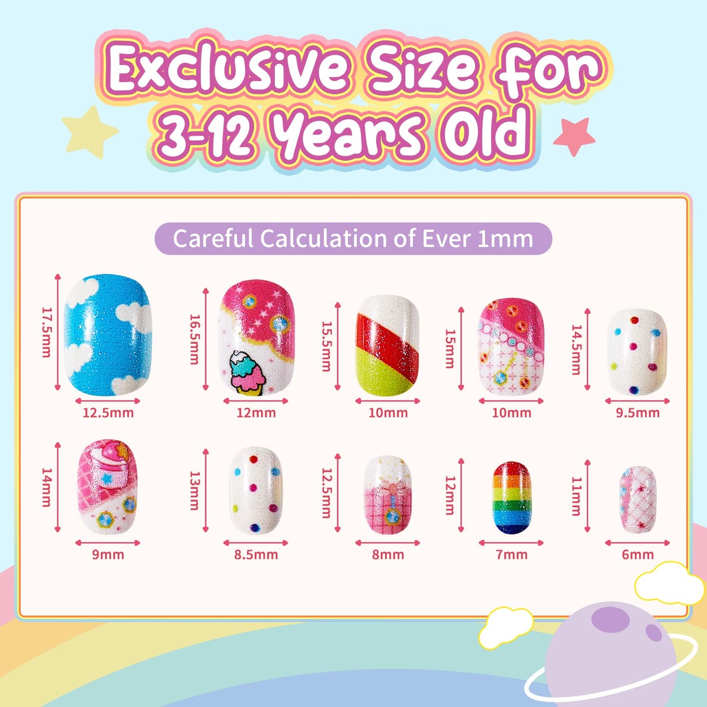 Modelones Press on Nails for Kids 144Pcs 6 Pack Children Acrylic Fake Nails Pre-glue Full Cover Glitter Gradient Color Rainbow Candy Short False Nail Kits Sets Thanksgiving Christmas Gifts for Girls