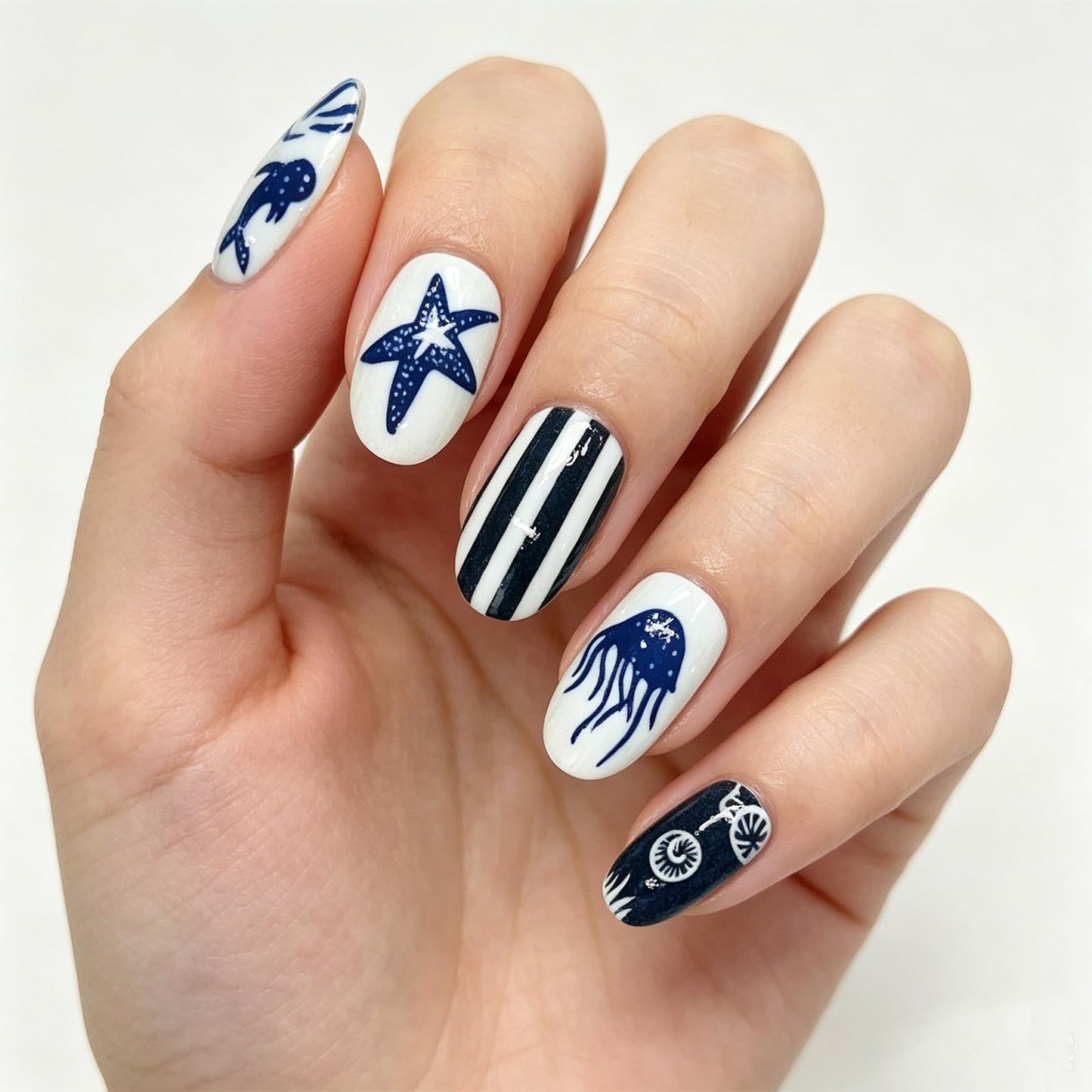 Ocean Themed Press on Nails Medium Almond, Whale False Nails, Glossy Blue Stripe Fake Nail Starfish Glue on Nail, Jellyfish Stick on Reusable Acrylic Fingernails for Women Summer Beach Daily Wear