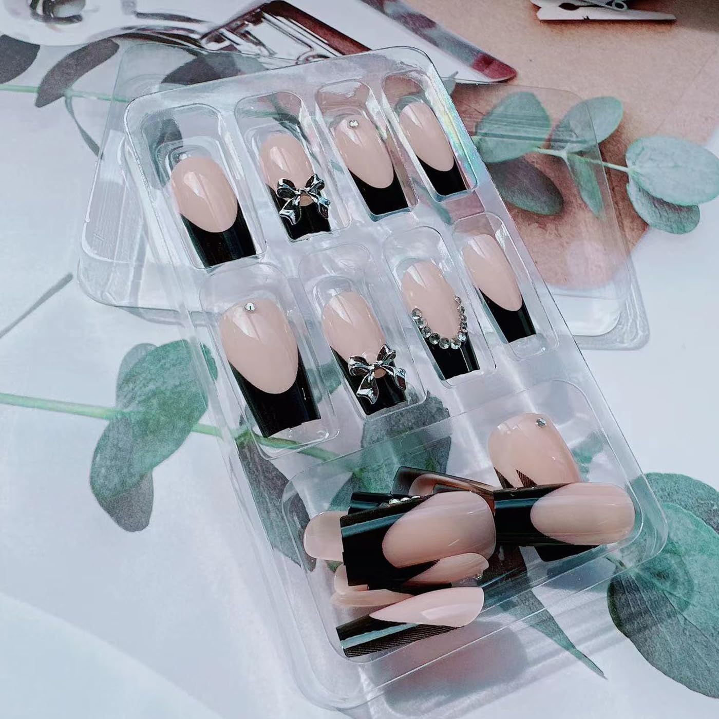 24Pcs Black French Press on Nails Long Coffin Fake Nails with Charm Bow Design,French Tip DIY Manicure Square False Nails Press ons Glitter Rhinestone Nails Kit for Women,Daily Wear Nail Decorations