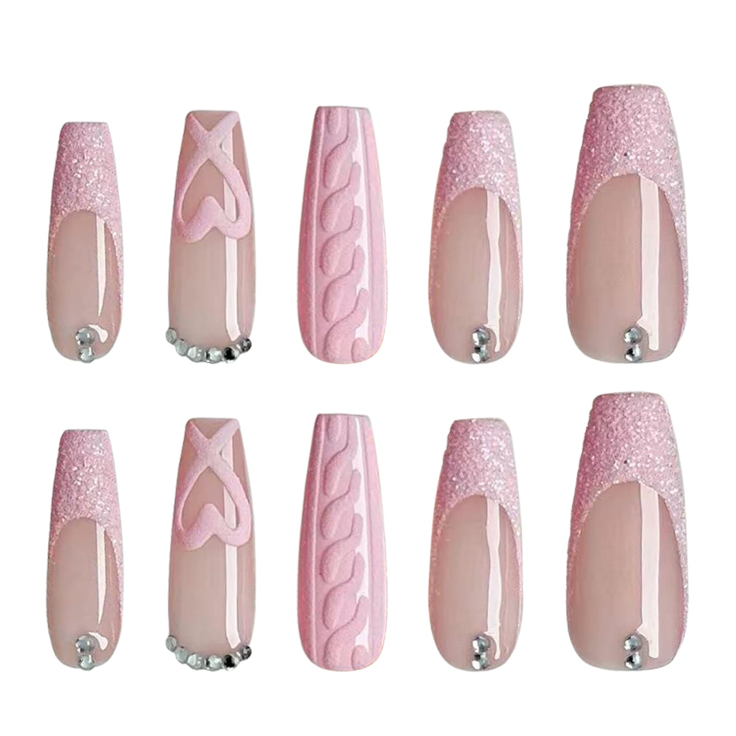 Press On Nails Pink Sweet Knit Series - Reusable False Nails with Knit Texture, Heart Design & Glitter Accents, Cute Elegant Acrylic Fake Nails for Women Daily Wear Dates Gifting (XS)