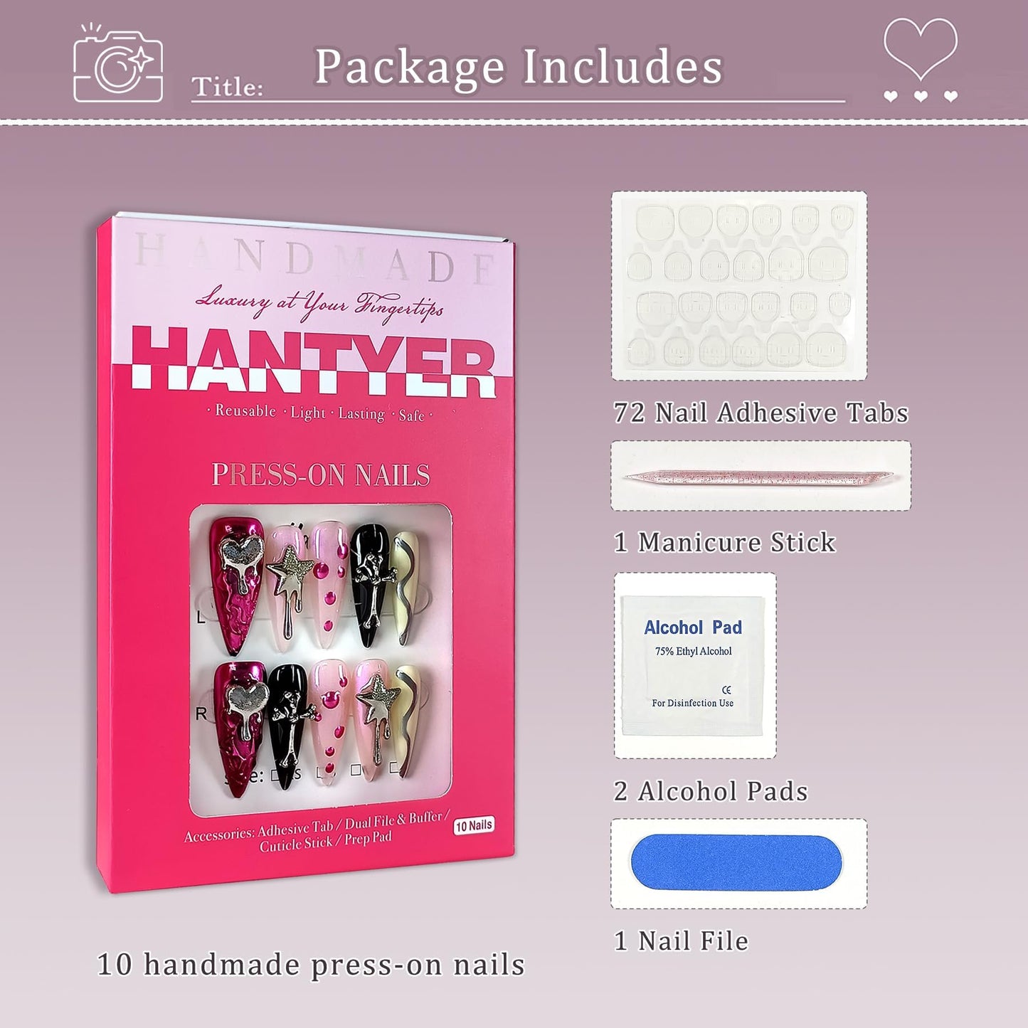 Hantyer 10PCS Y2K Press on Nails with Tools Kit, Long Stiletto Glossy Nails in Pink & Black, Salon Nails with 3D Metal Charms (Heart/Star/Cross), Edgy Punk Style for Party-Ready & Daily Wear(Size M)