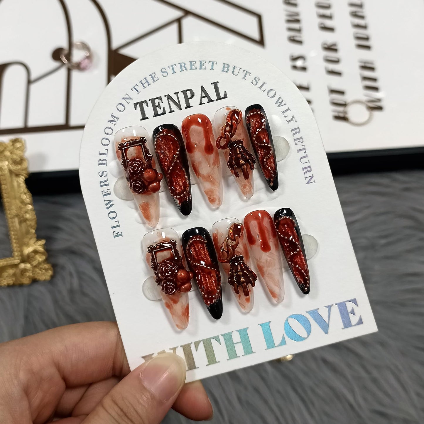 TENPAL 10Pcs Gothic Press On Nails With Tools,Blood Stain Black Red Long Stiletto Fake Nails, Distressed Roses Skull Hands 3D Art Designs Glue on Nails for Halloween Parties, Glossy Vampire Nails(M)