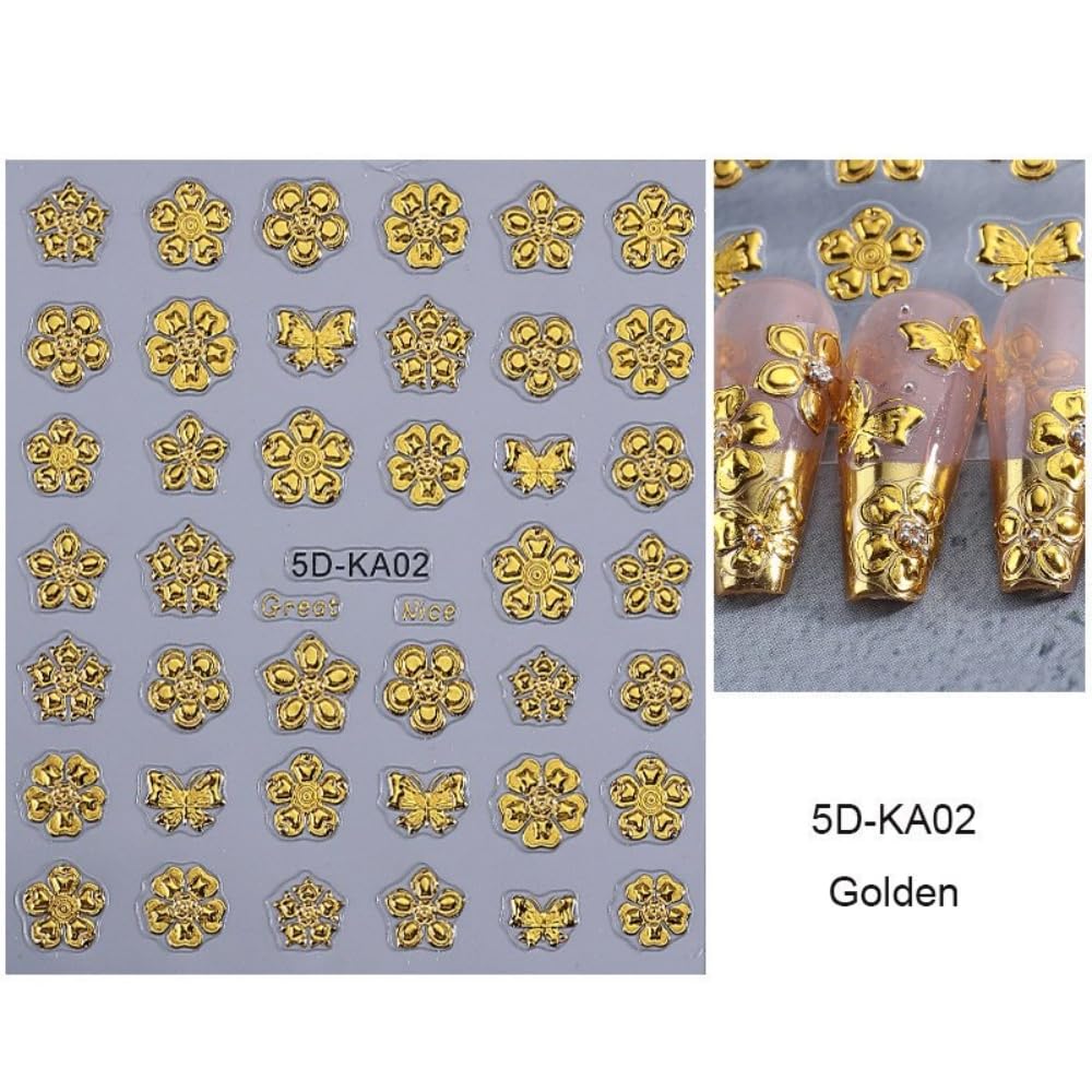 2 Sheets 5D Embossed Gold Nail Stickers 3D Self-Adhesive Golden Flower Nail Supplies Daisy Nails Designs Laser Blue Floral Aurora Hibiscus Nails Decals for Women Girls DIY Manicure