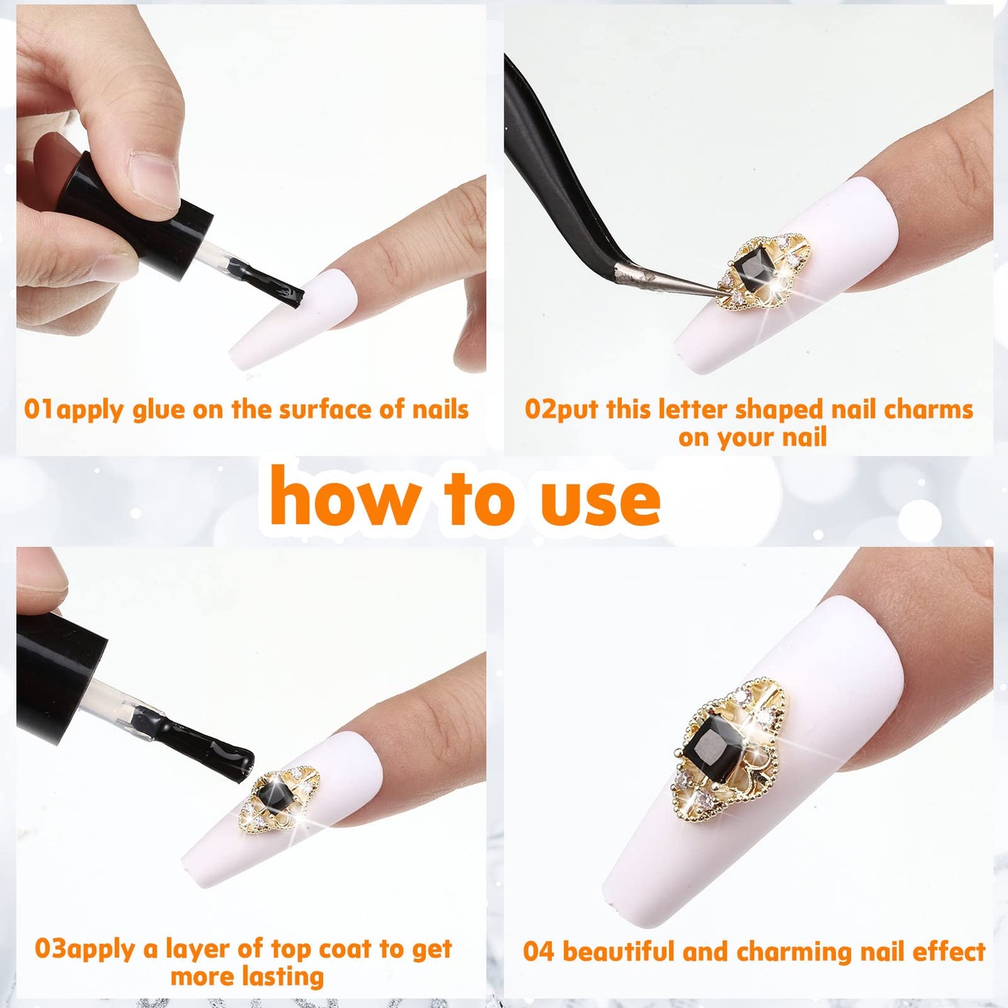 Leelosp 24 Pieces 3D Nail Charms Gold Luxury Black Rhinestones Nail Charms for Acrylic Nails Black Zircon Jewels Crystals Rhinestones with Storage Box for DIY Craft Art