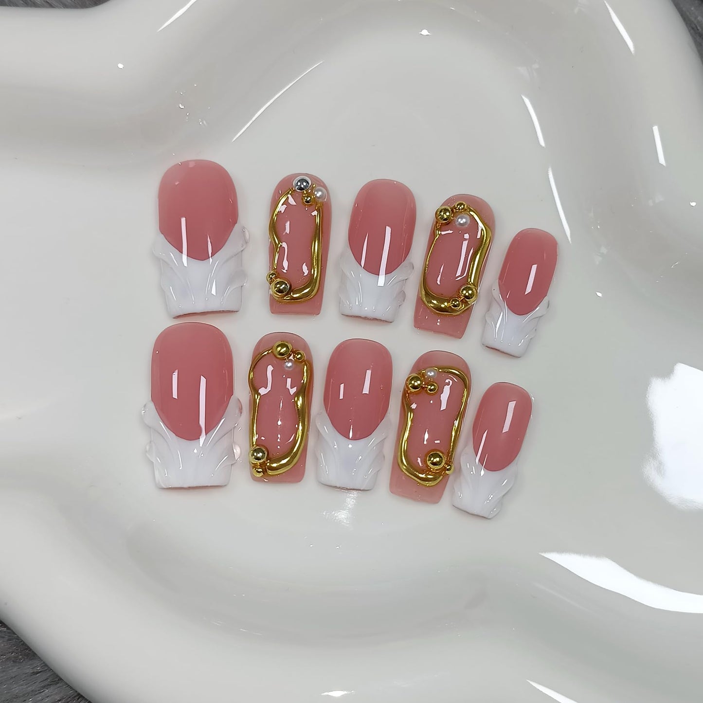 TENPAL Sheer Handmade French Tips Press on Nails Long Square 3D Embossed White Tip Nude Pink Fake Nails for Parties Daily Modern Minimalist Glossy False Nails for Women Gifts 10pcs(S)
