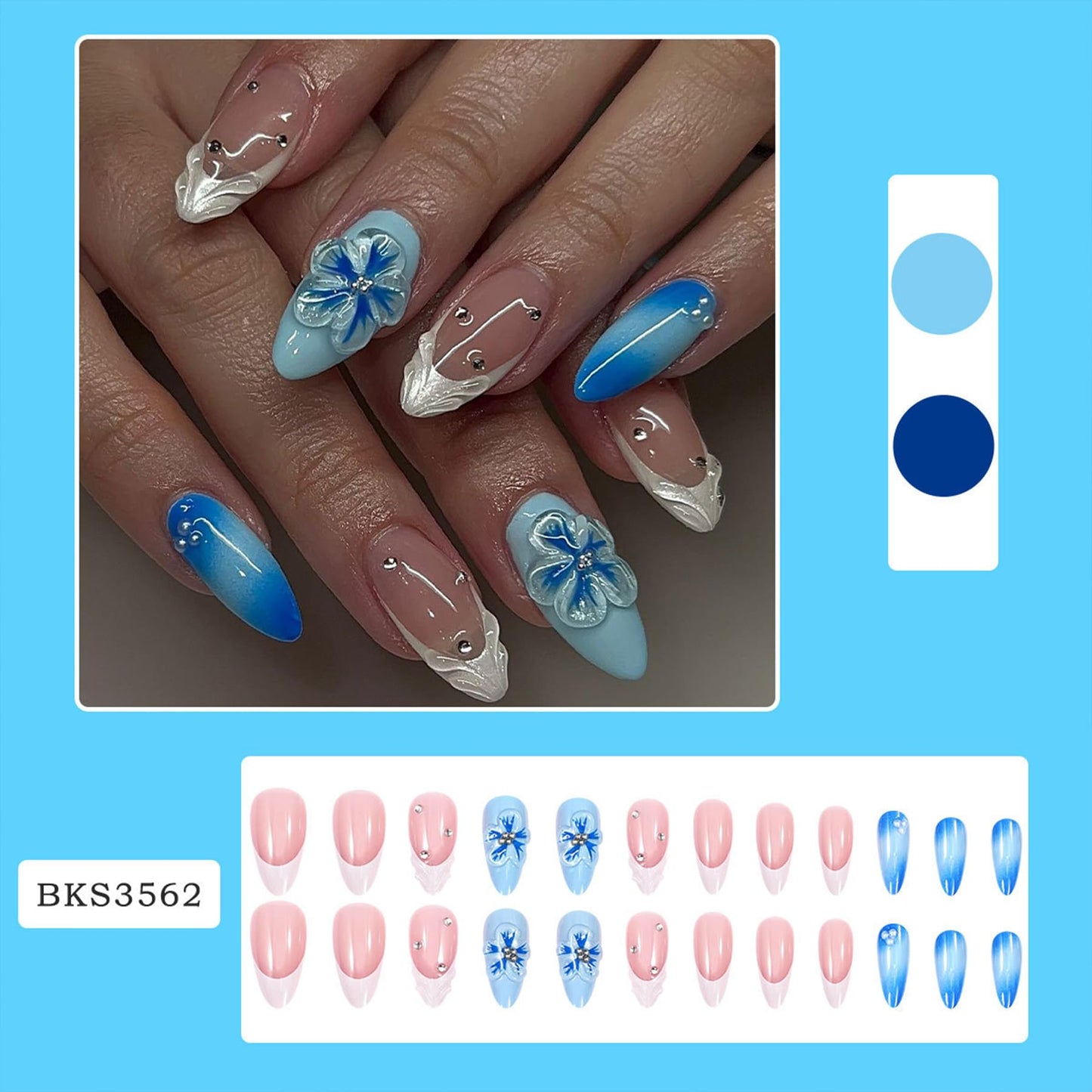 Summer Press on Nails Medium Almond Fake Nails with 3D Floral Rhinestone Design Blue Flower False Nails Press ons White French Artificial Acrylic Stick on Nails for Women Girls Maicure