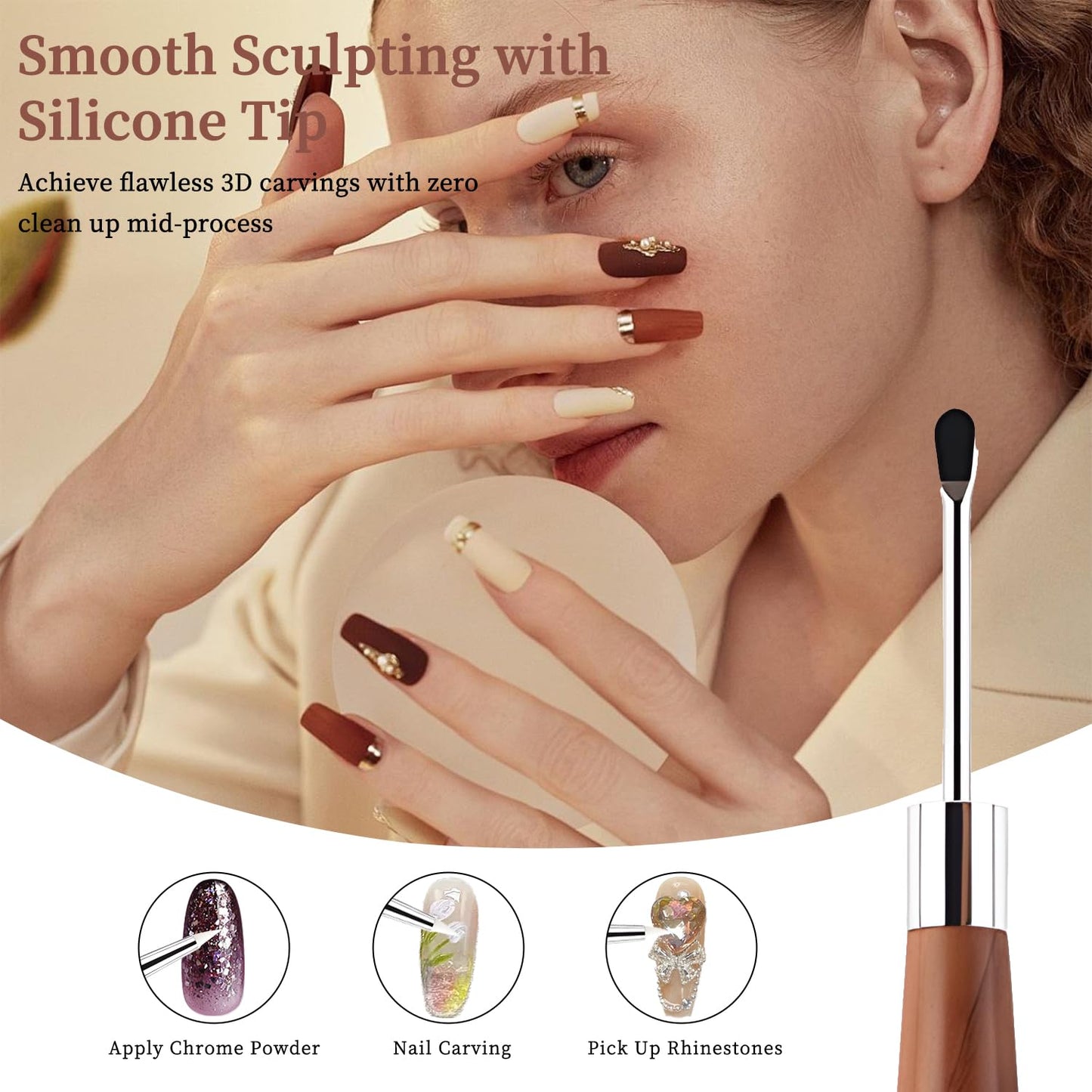 Double Nail Art Sculpture Pen: Silicone & Metal Dual Tipped Nail Brushes Silicone Nail Art Tools for Design Nail Foil Carving Drawing Shaping Effect Nail Art Pens for Home and DIY (Sandalwood)
