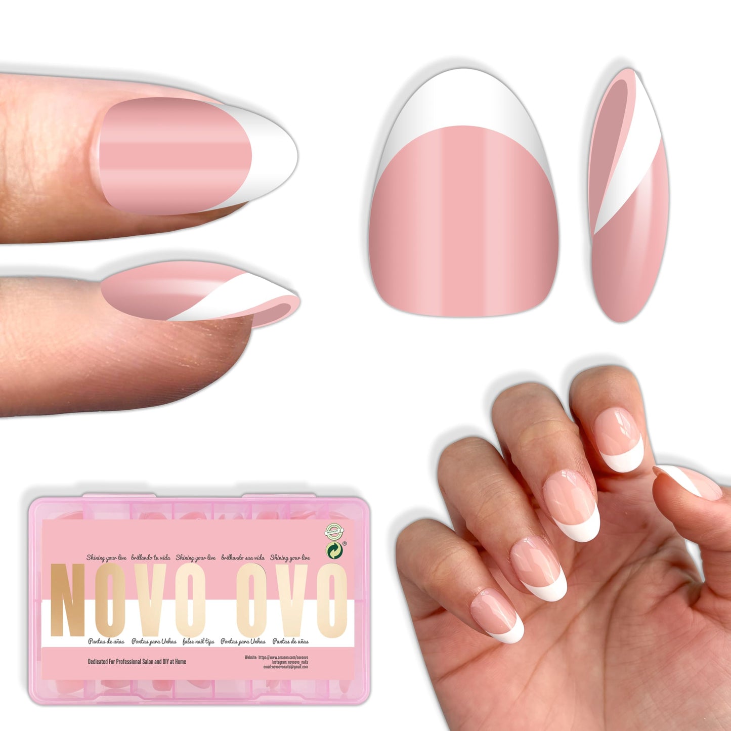 NOVO OVO Extra Short White French Tip Almond Nail Tips Press on BABY PINK, Thick Soft Gel Fake Acrylic Extension, Need Builder Gel Top Coat, No Glue Included, for Salon DIY x 16 Sizes 224 pcs